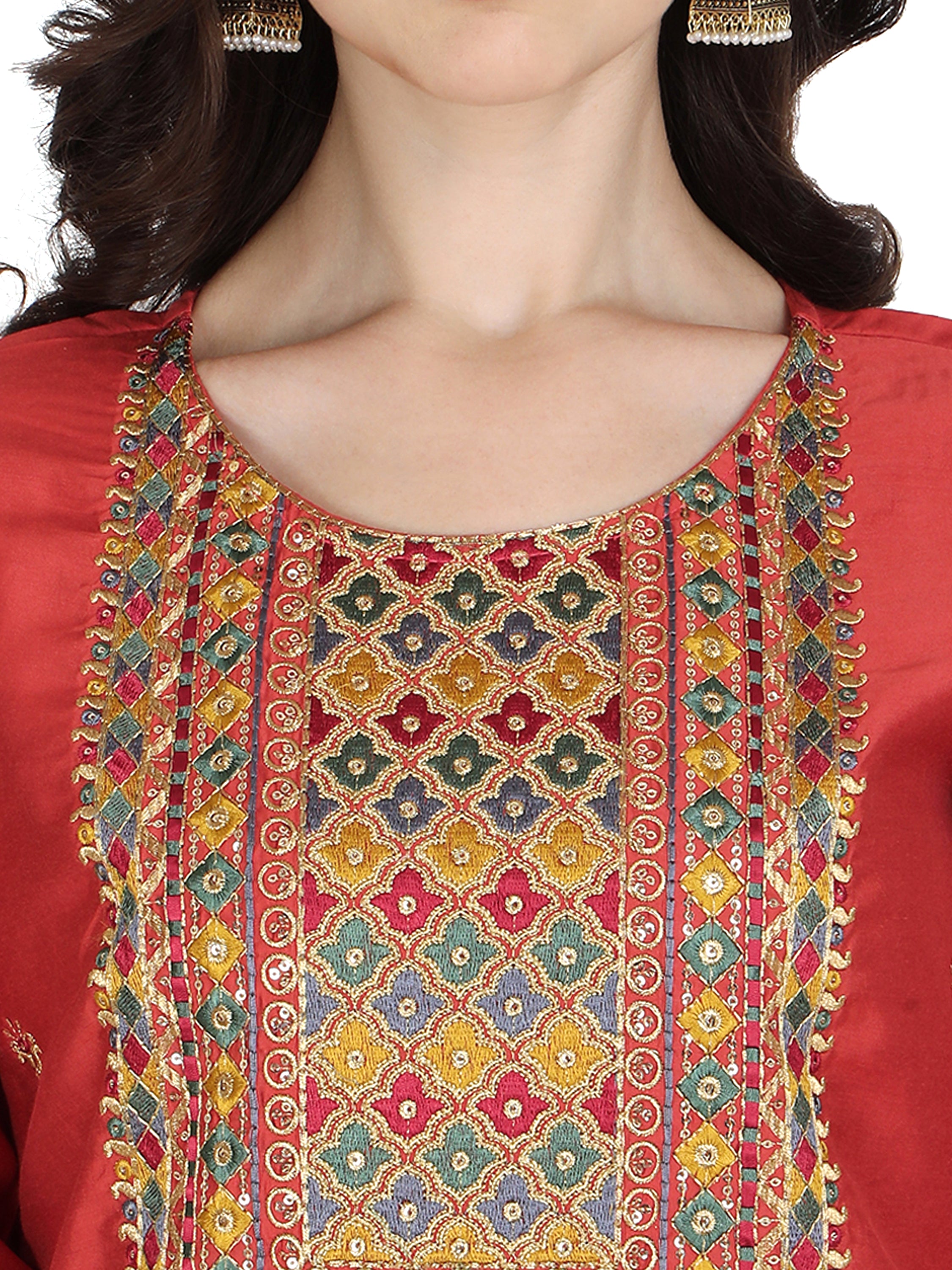 Embroidered Kurta with Pant & Printed Dupatta Set