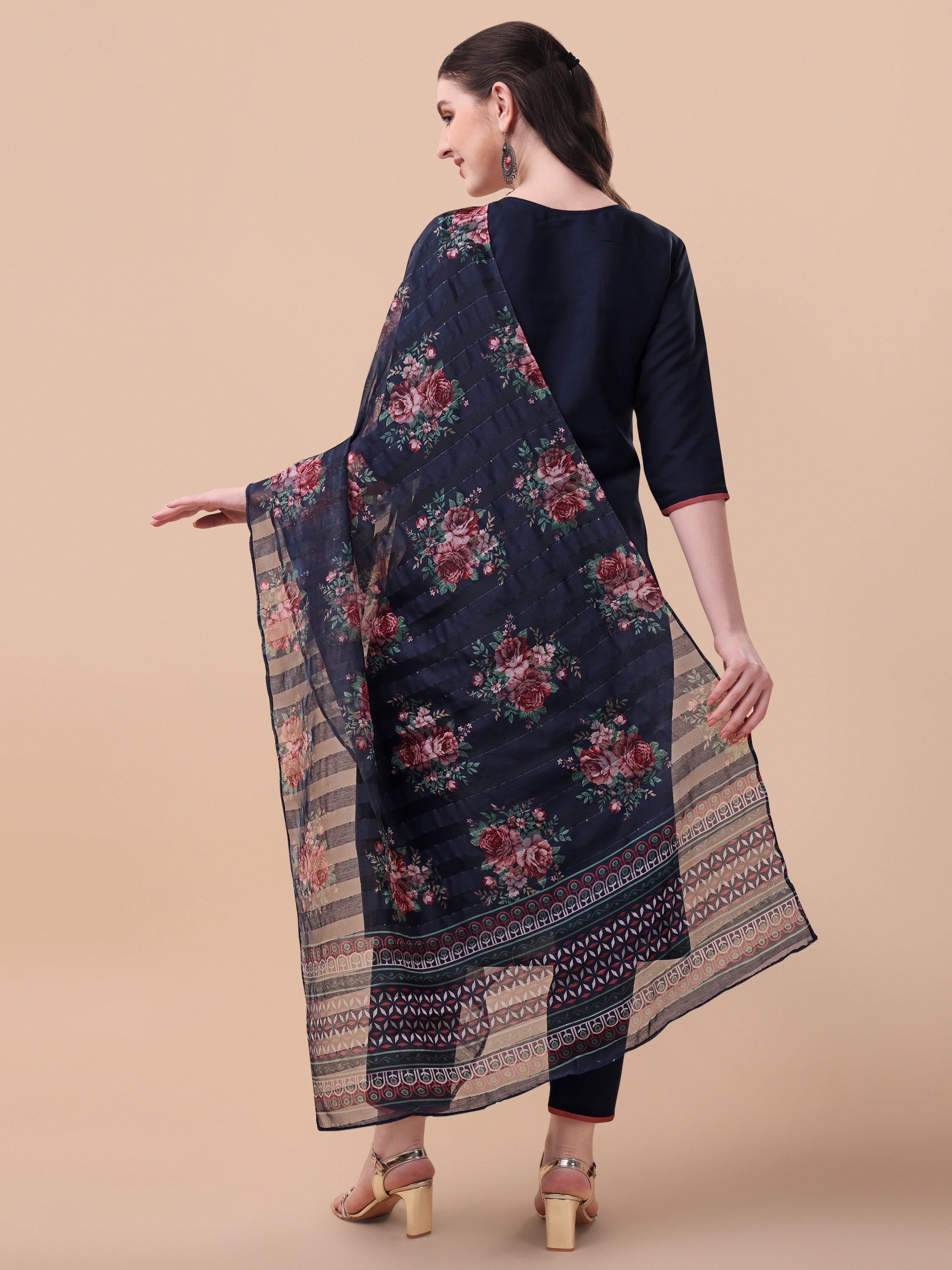 Hand  Embroidered Kurta with Pant and Printed Dupatta Set