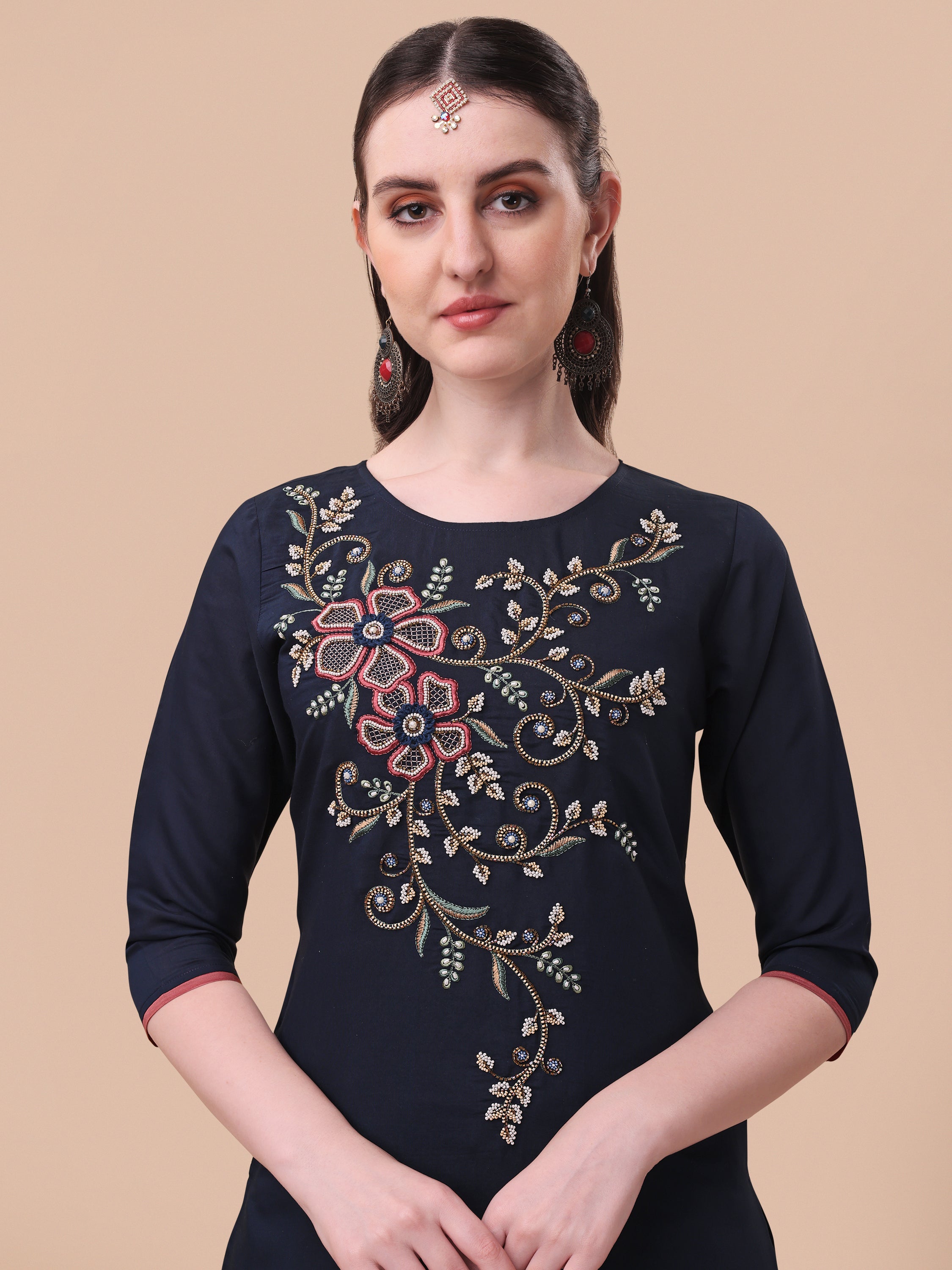 Hand  Embroidered Kurta with Pant and Printed Dupatta Set