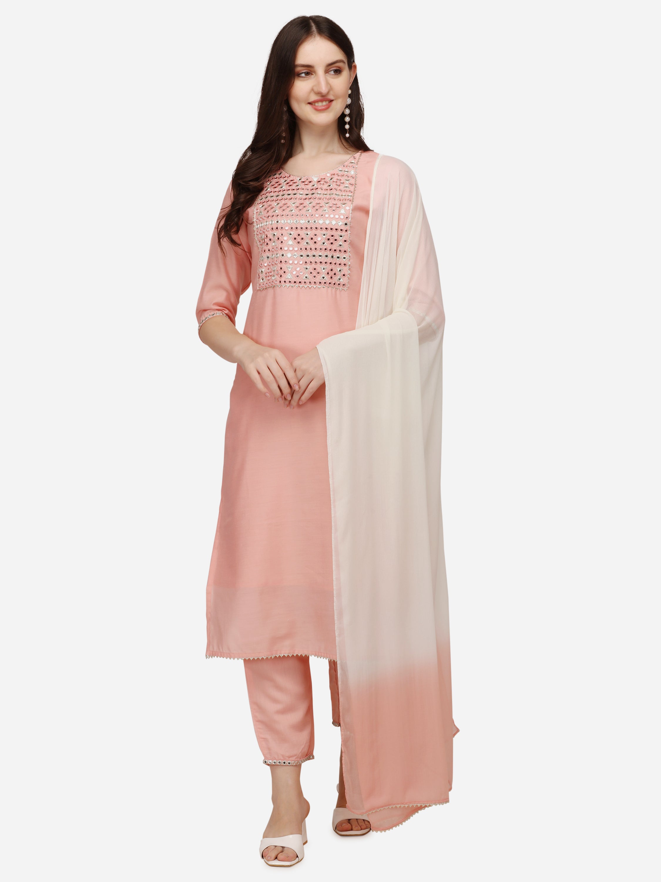 Berrylicious Womens Mirror Work & Yoke Embellished Straight Kurta with Pant & Dupatta Set.