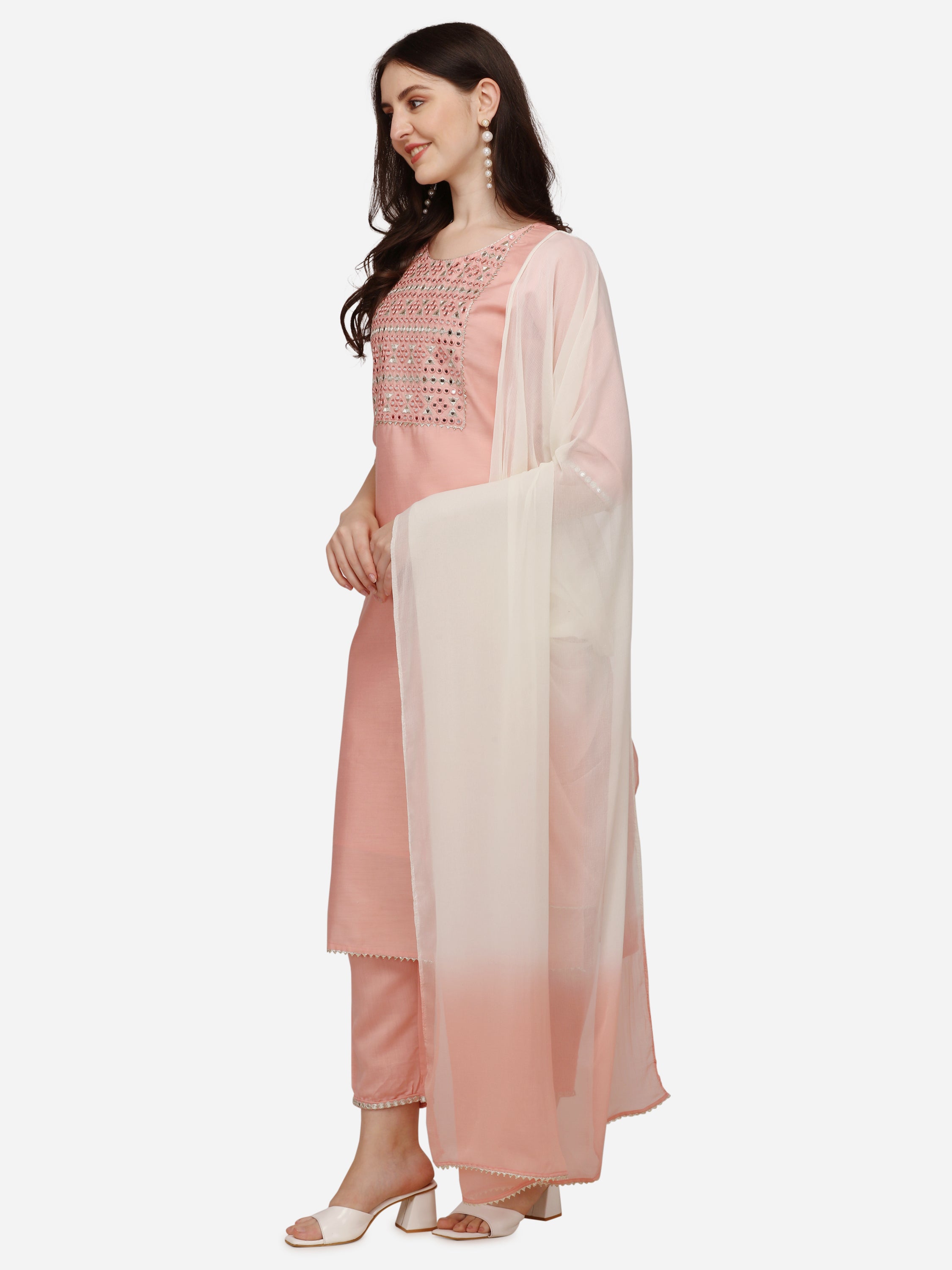 Berrylicious Womens Mirror Work & Yoke Embellished Straight Kurta with Pant & Dupatta Set.