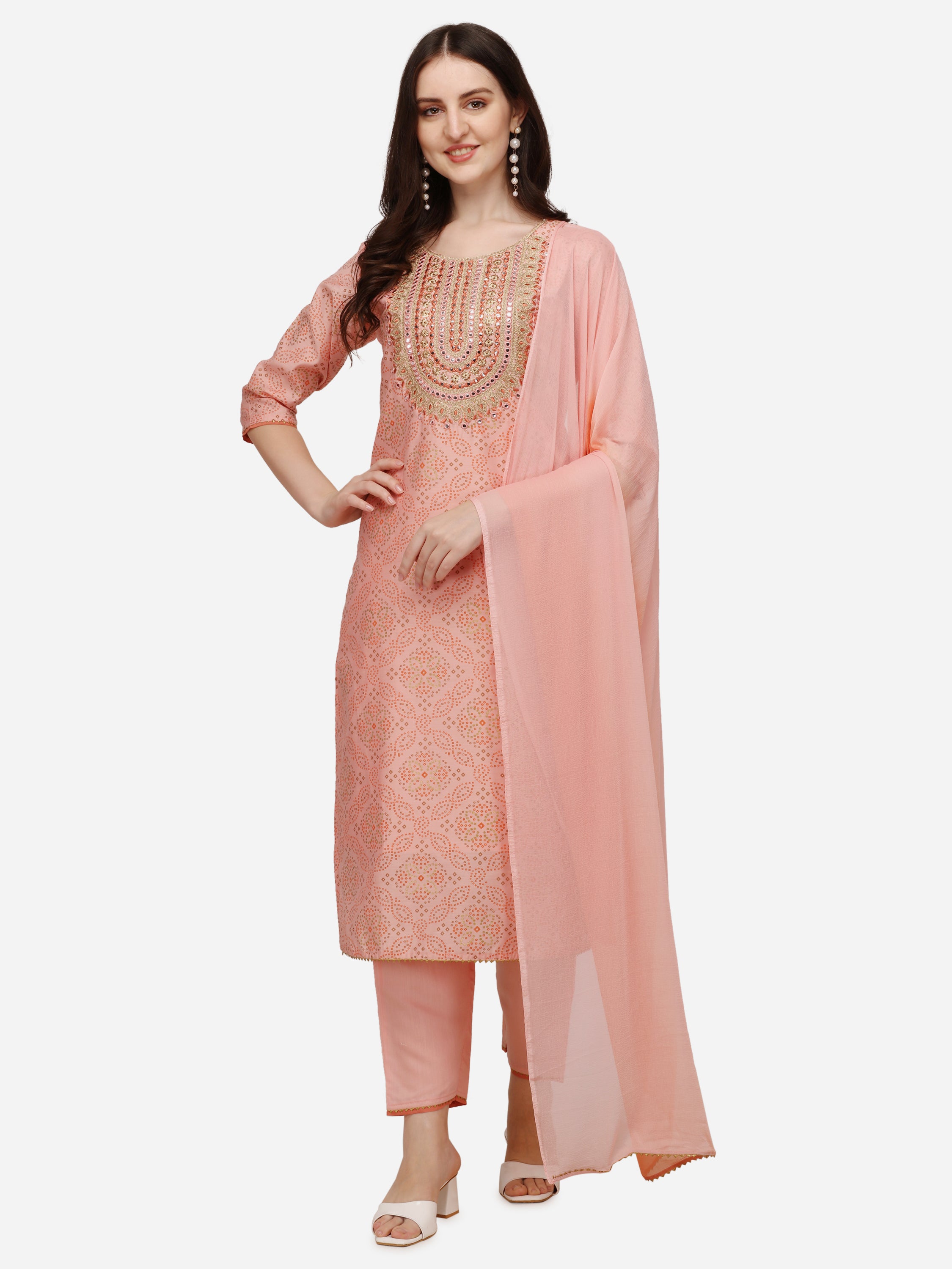 Embellished Straight Kurta with Pant & Dupatta Set