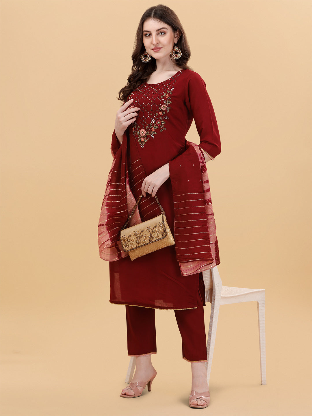 Embroidered kurta with pant & dupatta set