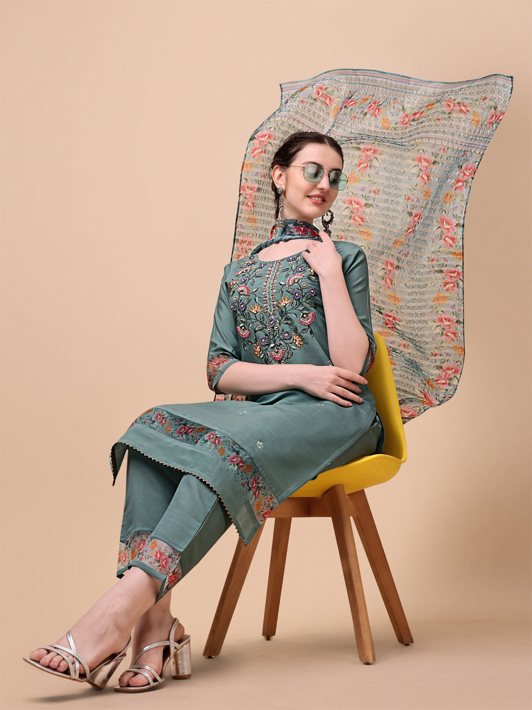 Embroidered kurta With Pant and Printed Dupatta set