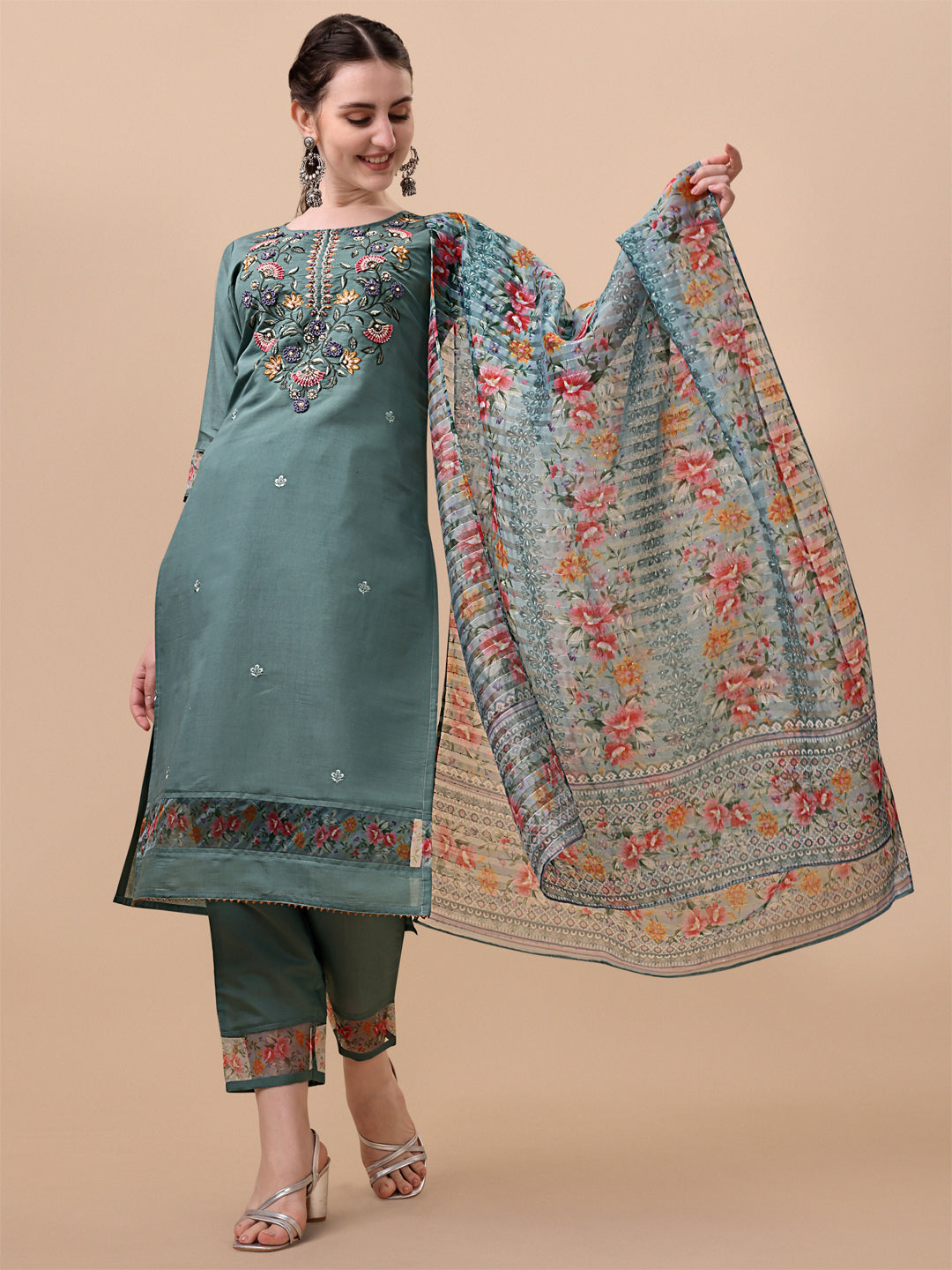 Embroidered kurta With Pant and Printed Dupatta set