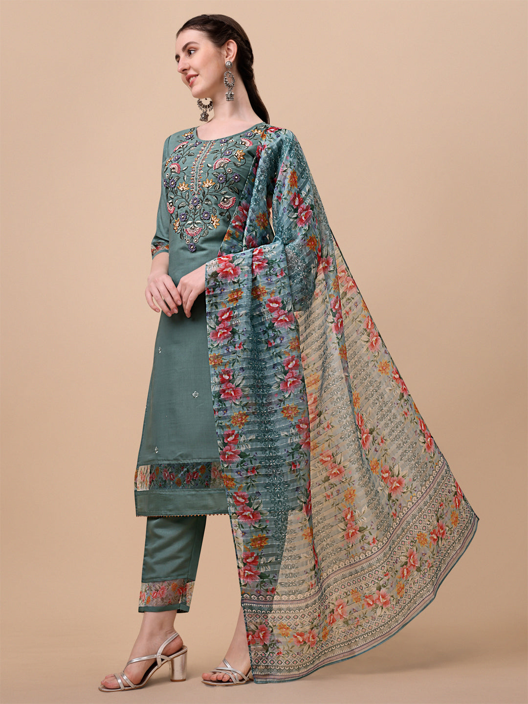 Embroidered kurta With Pant and Printed Dupatta set