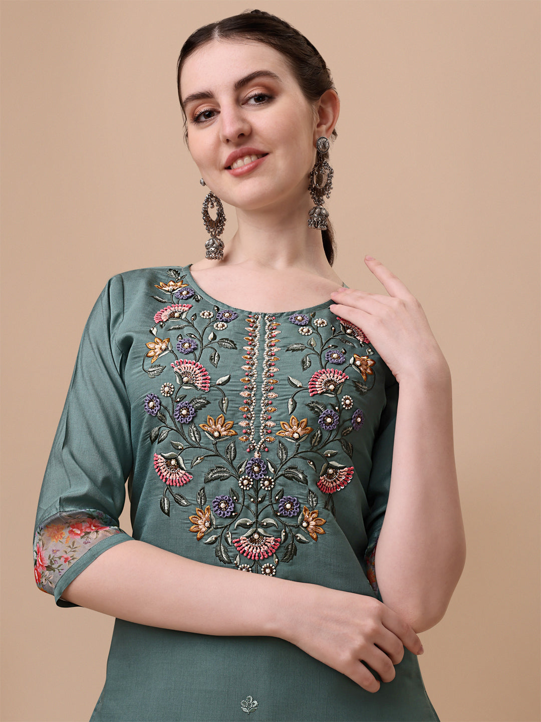 Embroidered kurta With Pant and Printed Dupatta set