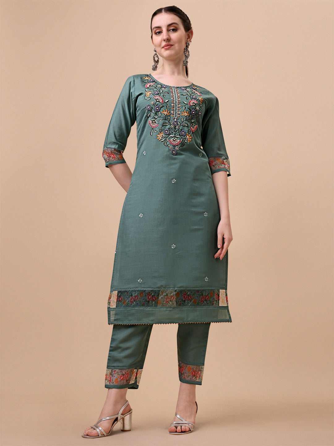 Embroidered kurta With Pant and Printed Dupatta set