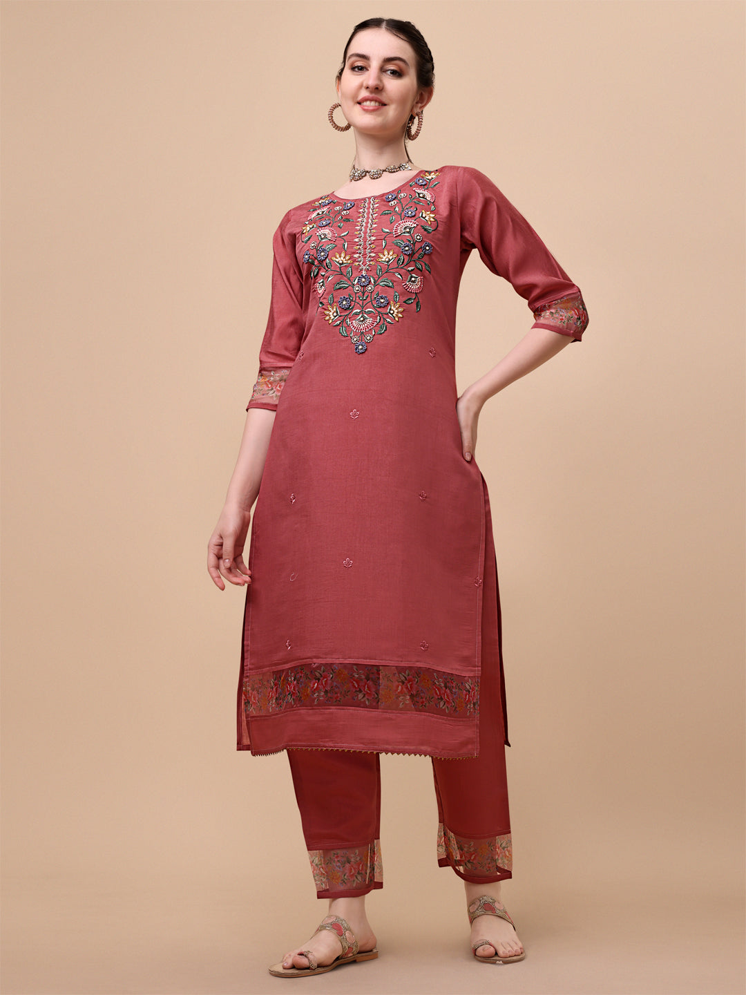 Embroidered kurta with pant & printed dupatta set