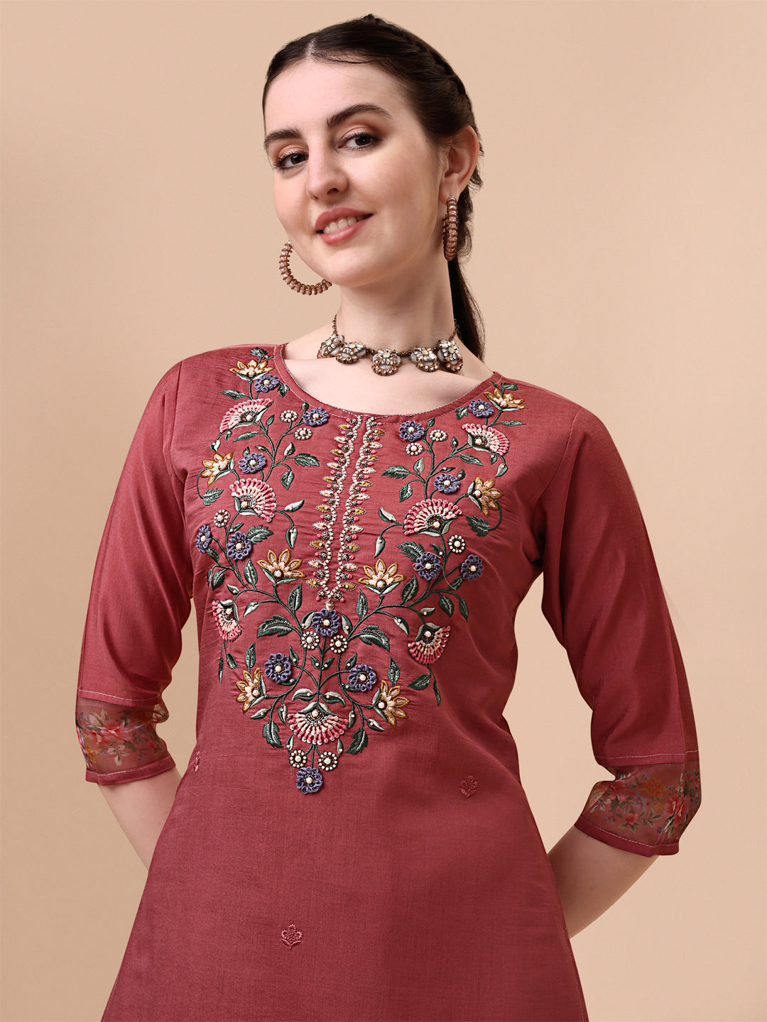 Embroidered kurta with pant & printed dupatta set