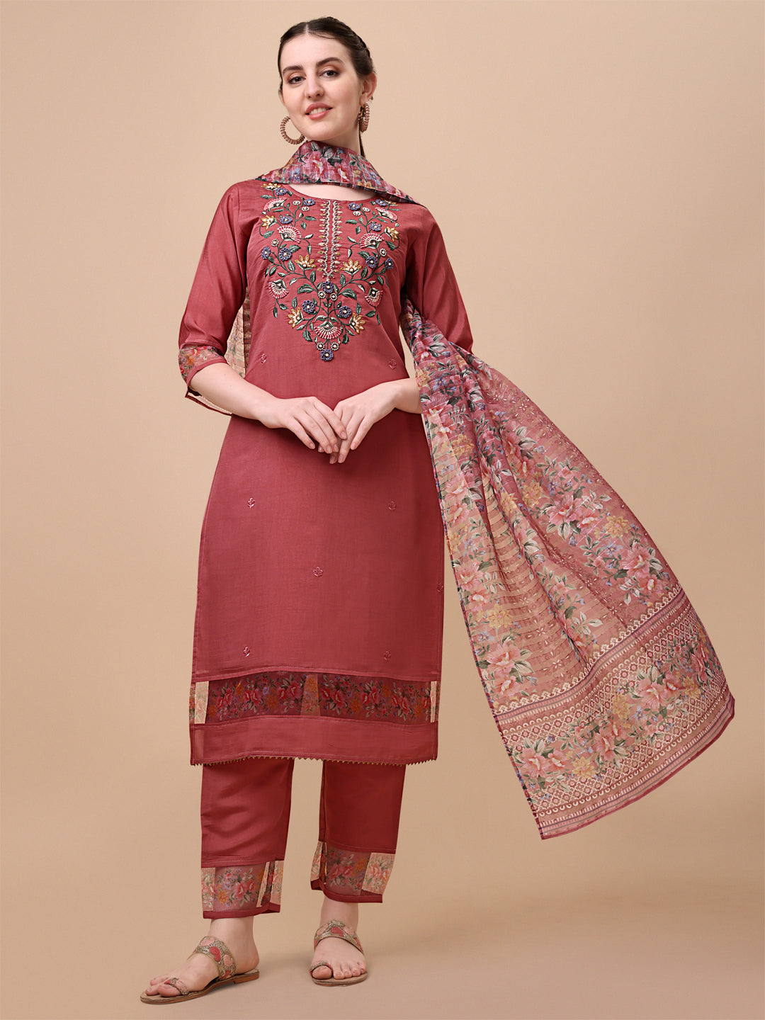 Embroidered kurta with pant & printed dupatta set