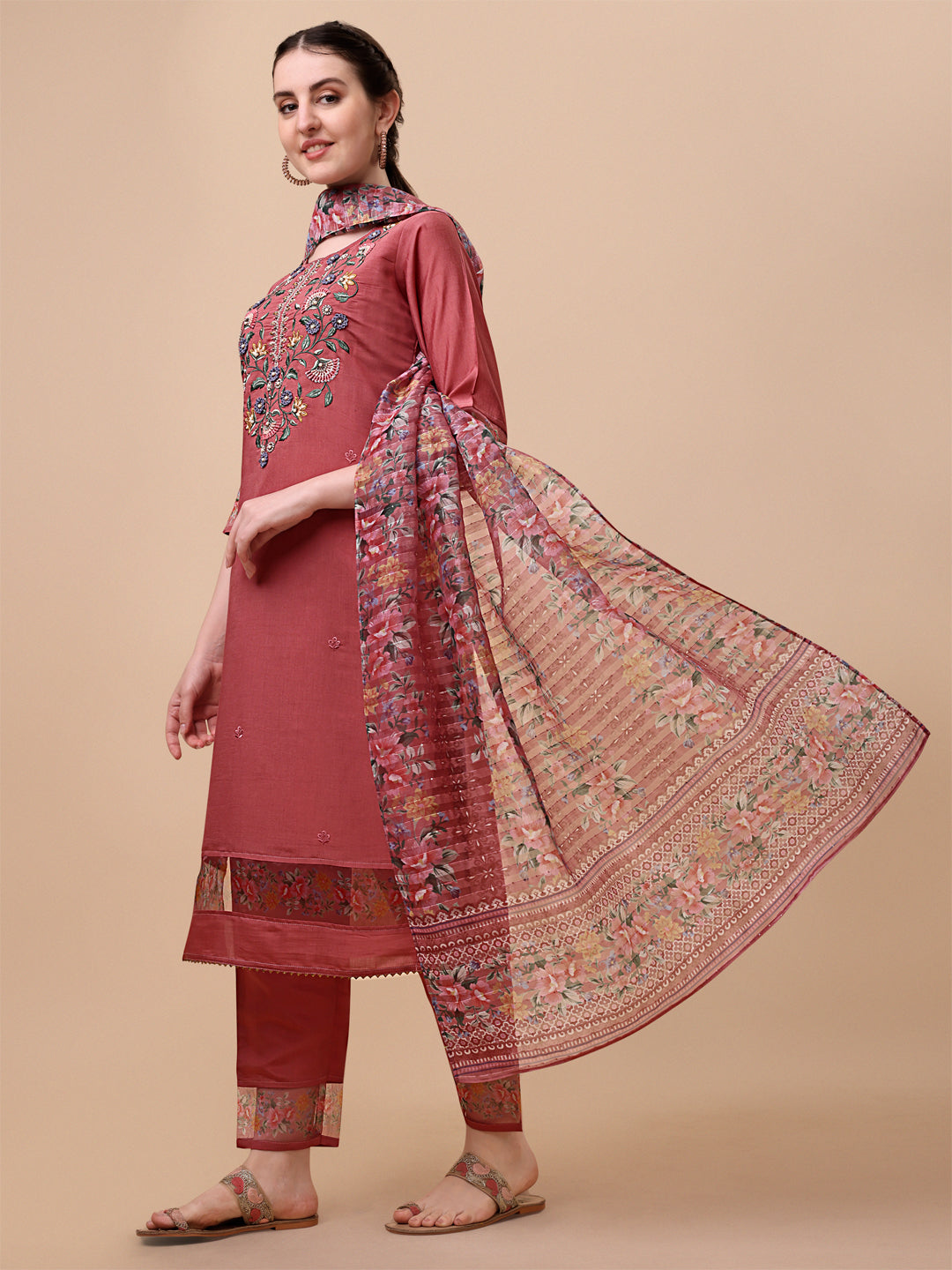 Embroidered kurta with pant & printed dupatta set