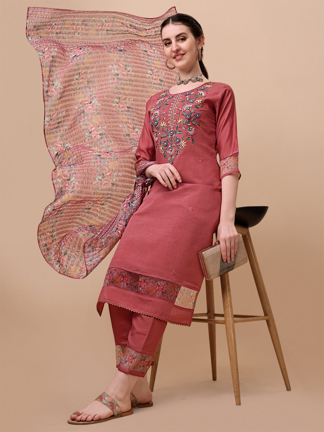 Embroidered kurta with pant & printed dupatta set