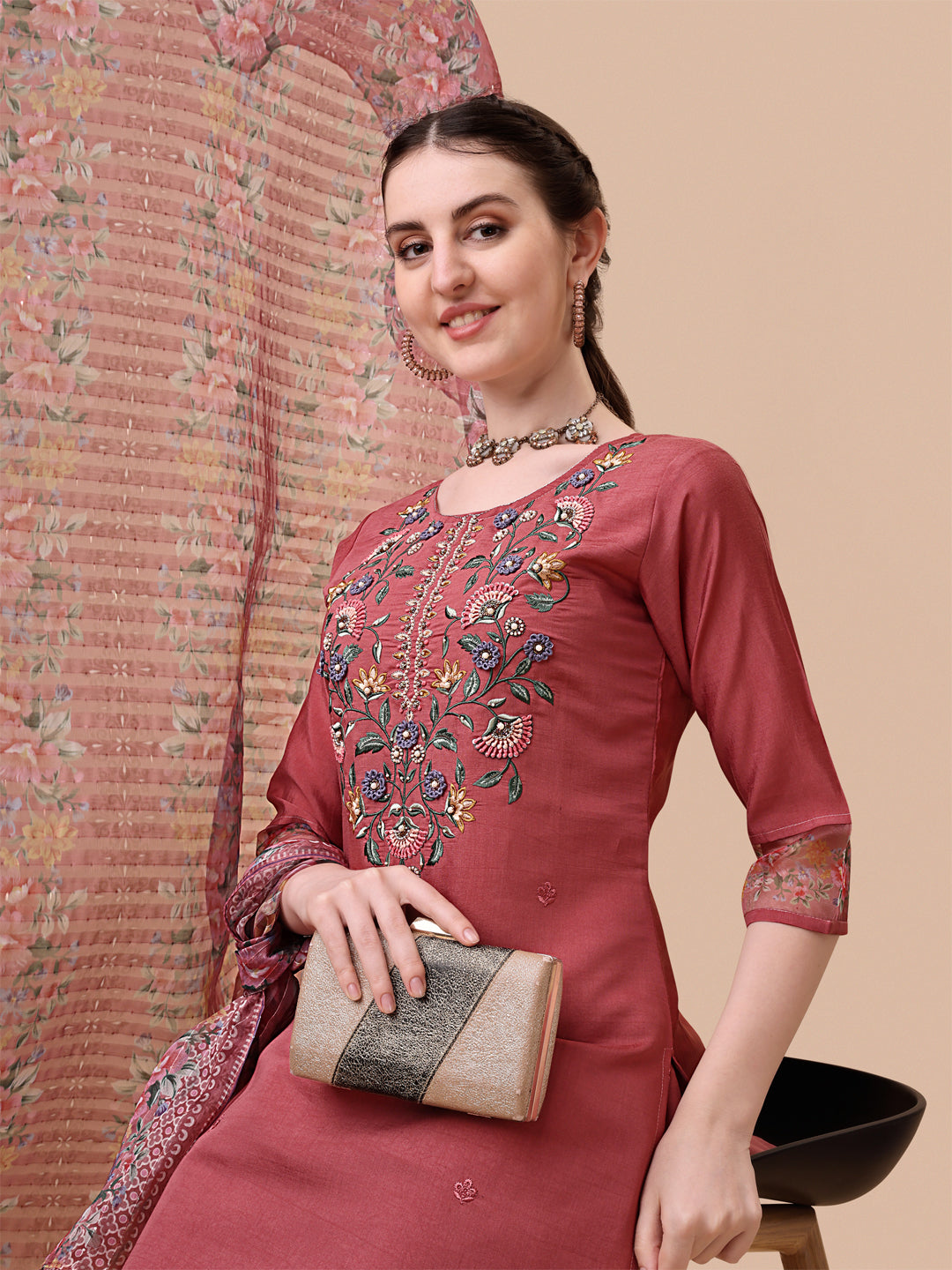 Embroidered kurta with pant & printed dupatta set