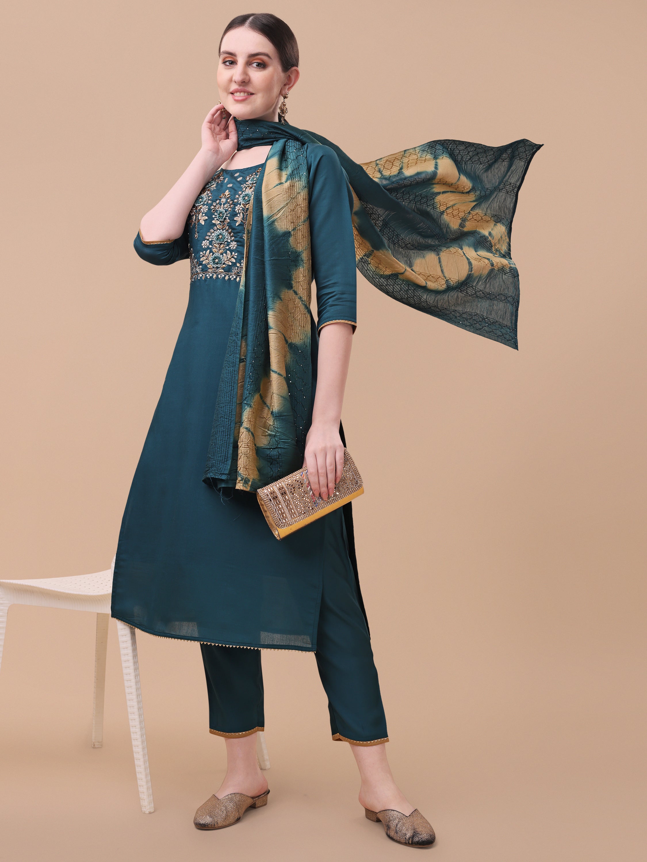 Embroidered  Kurta with Pant& Dupatta Set