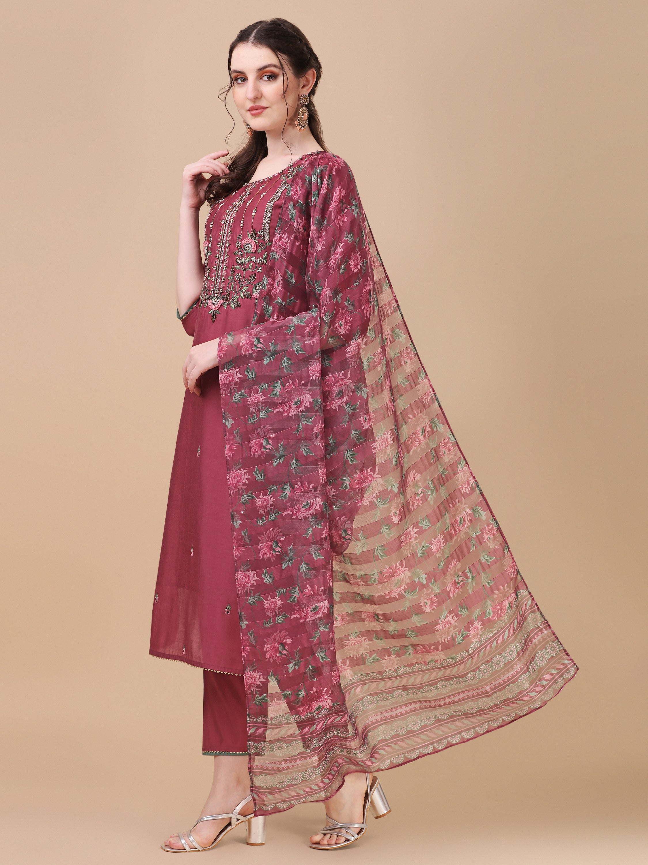 Embroidered Kurta with Pant & printed dupatta set