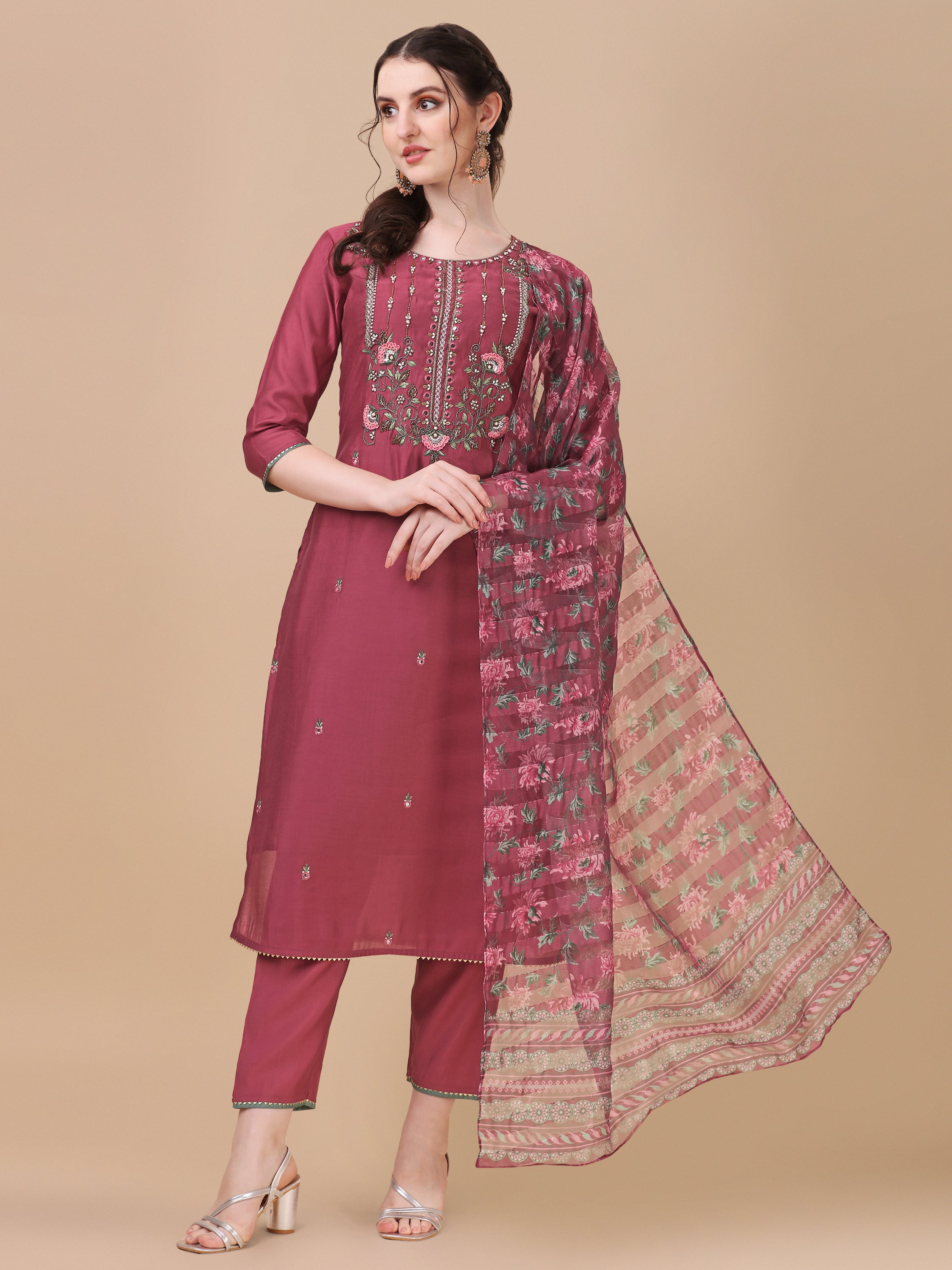 Embroidered Kurta with Pant & printed dupatta set