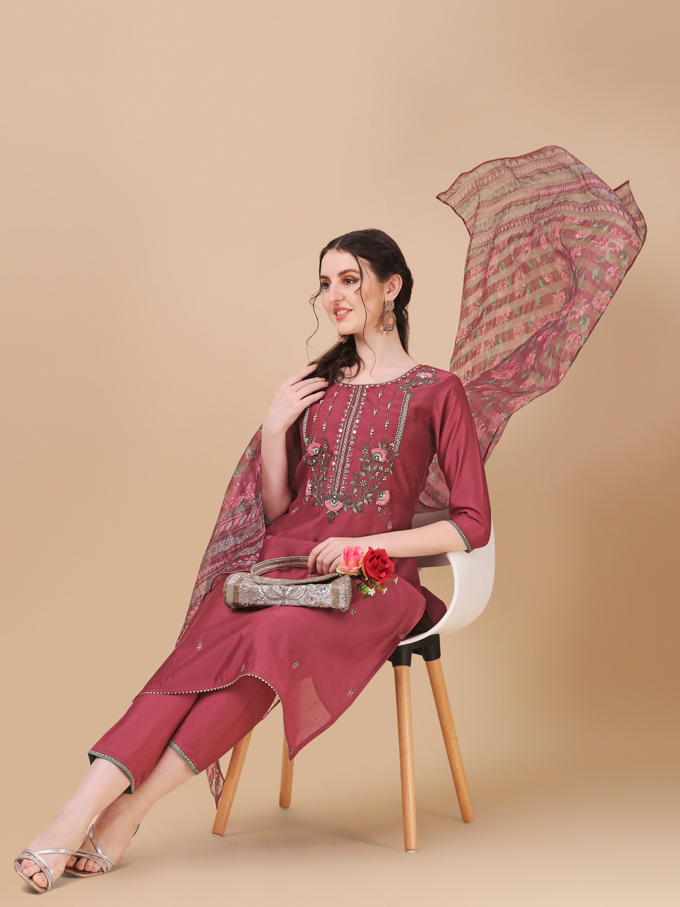 Embroidered Kurta with Pant & printed dupatta set