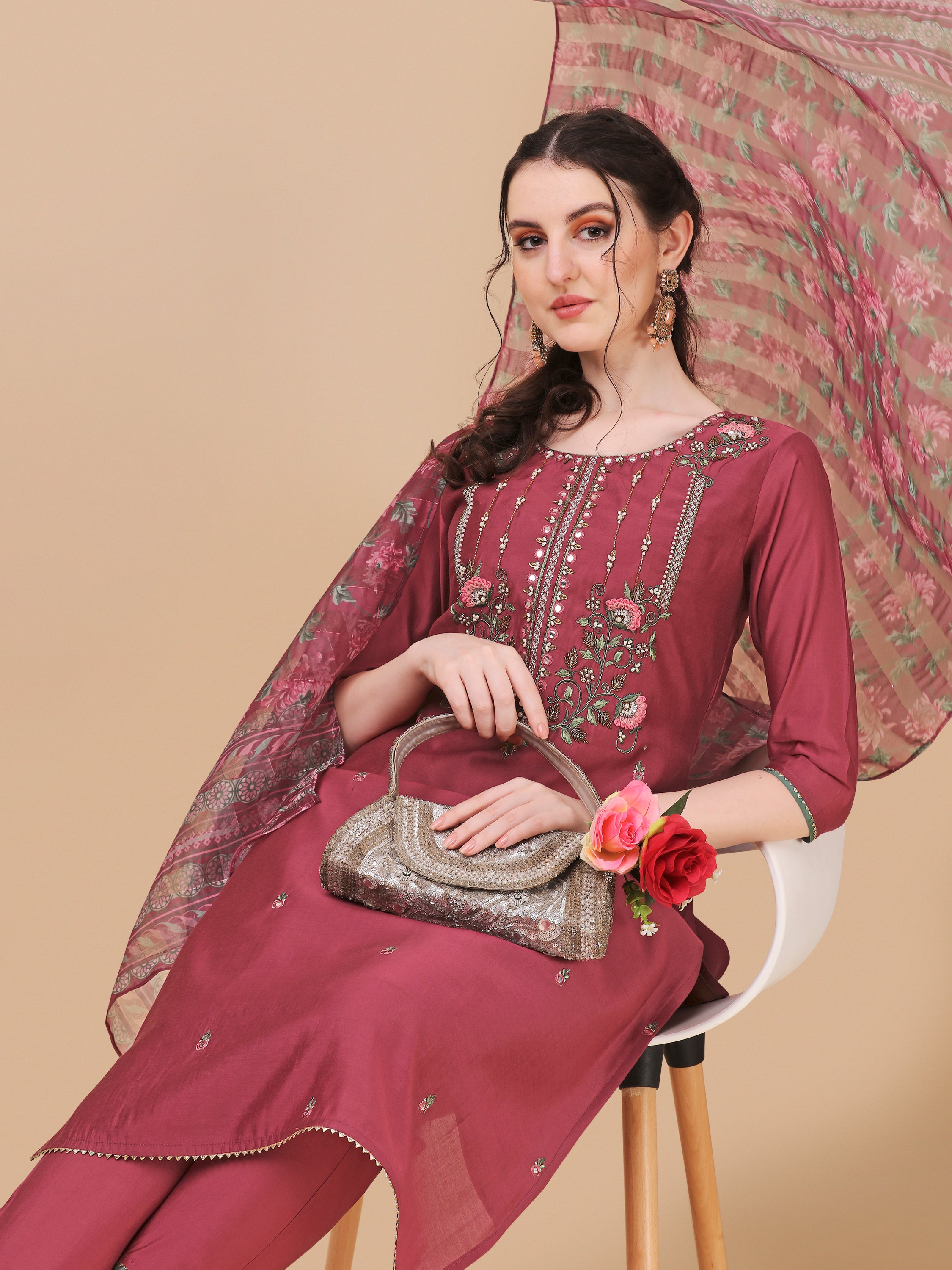 Embroidered Kurta with Pant & printed dupatta set