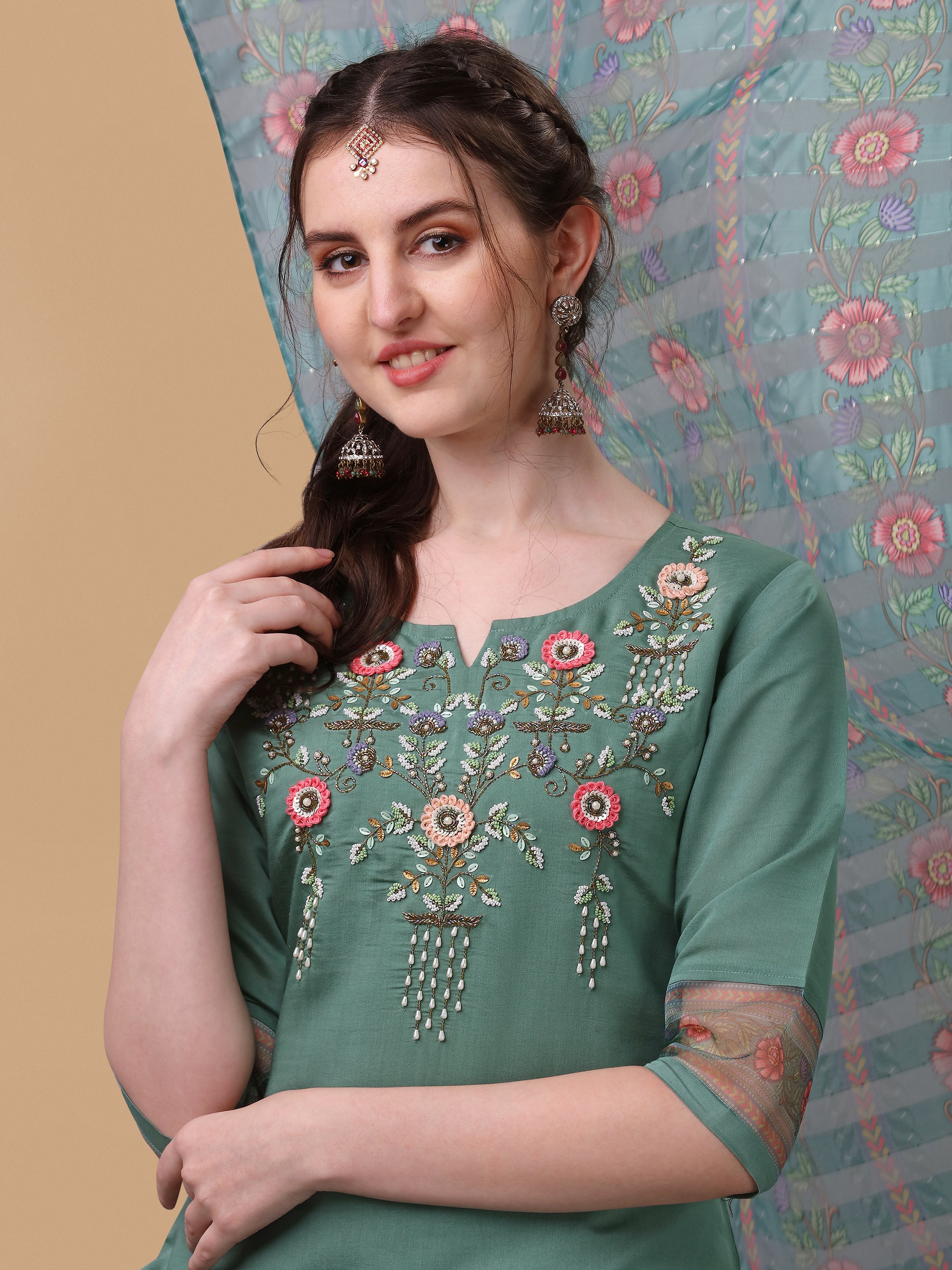 Hand Embroidered Kurta with Pant and Dupatta Set