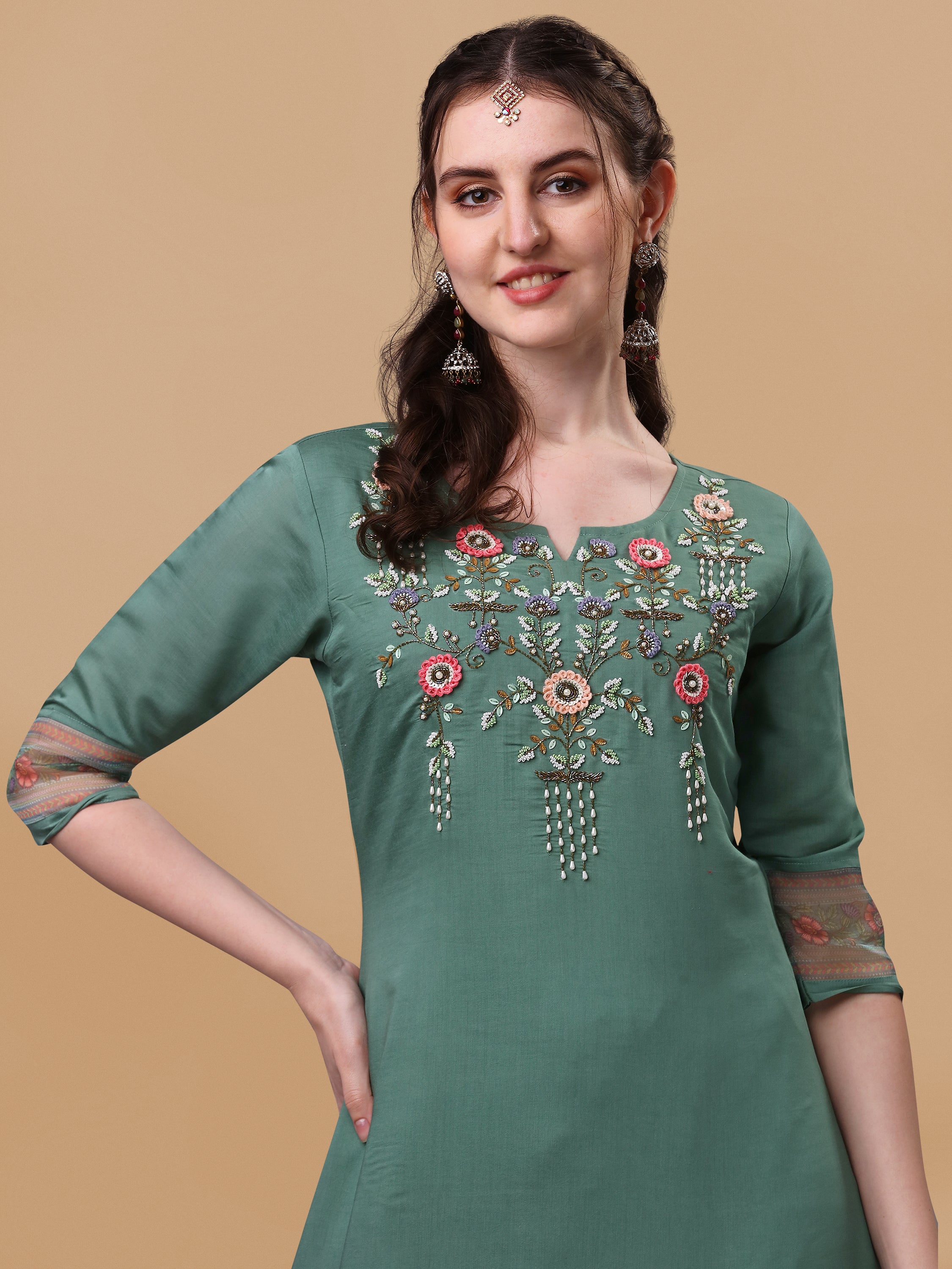 Hand Embroidered Kurta with Pant and Dupatta Set