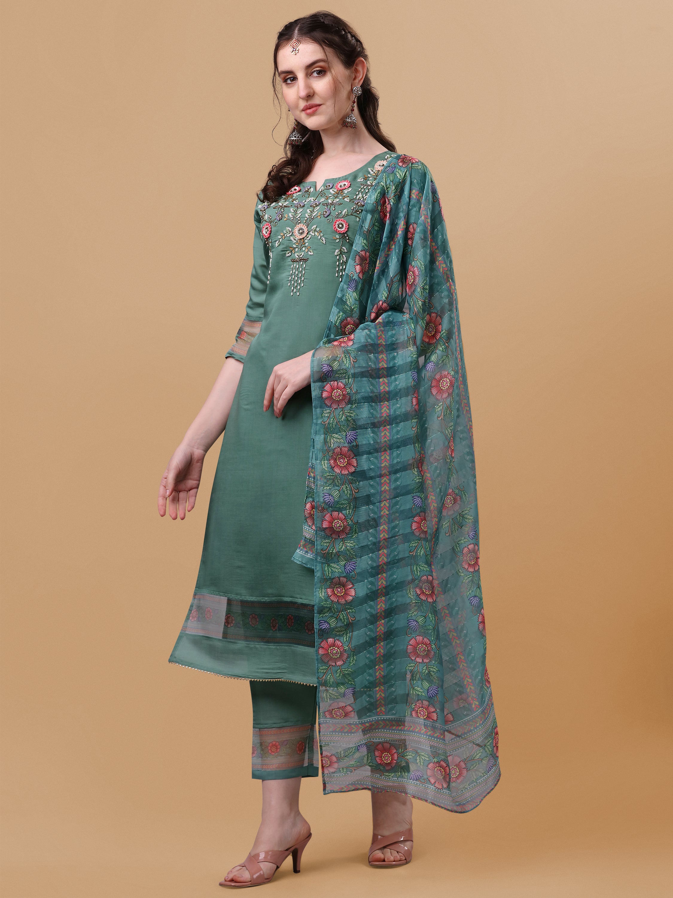 Hand Embroidered Kurta with Pant and Dupatta Set