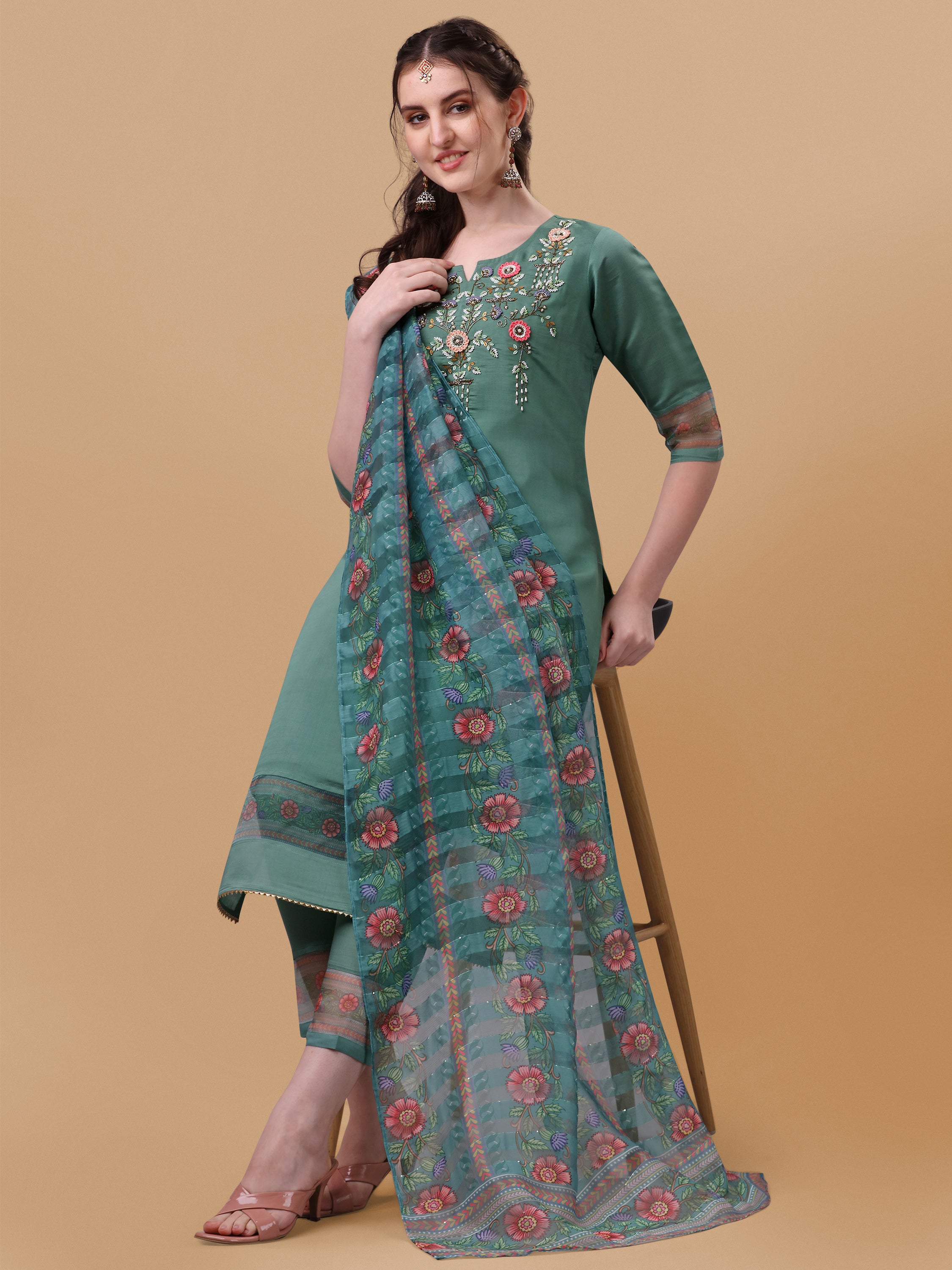 Hand Embroidered Kurta with Pant and Dupatta Set