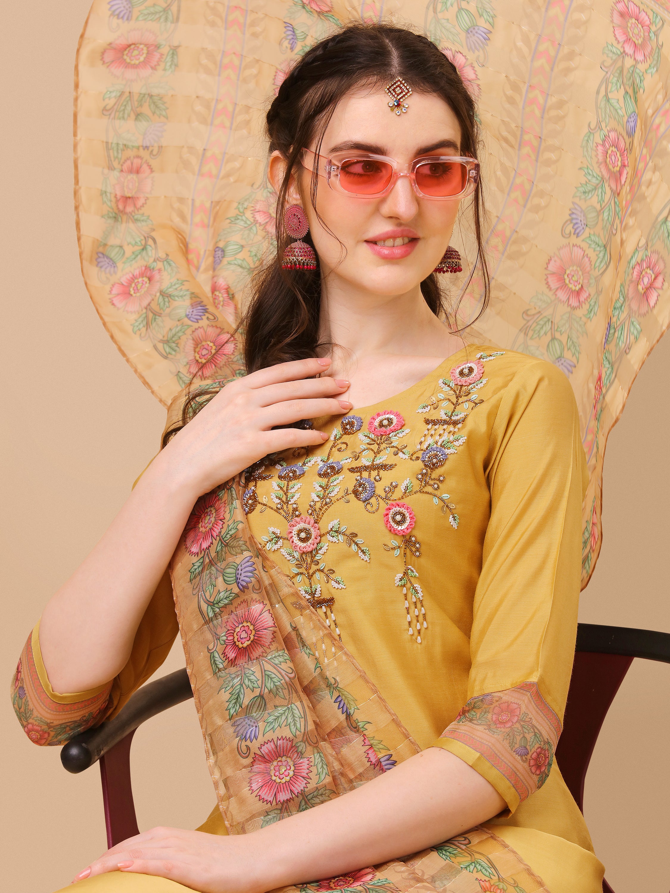 Hand Embroidered Kurta with Pant and Organza Printed Dupatta set