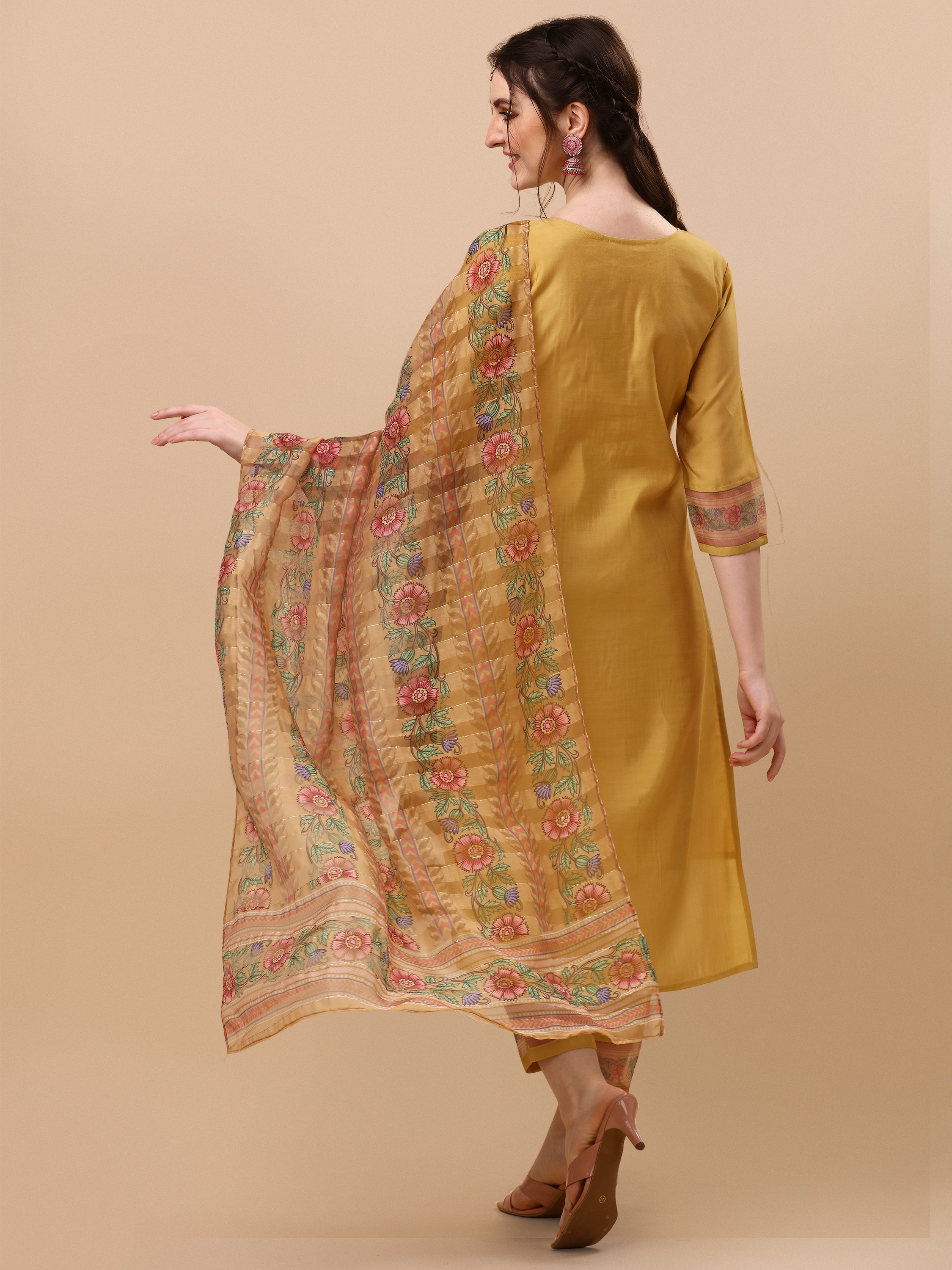 Hand Embroidered Kurta with Pant and Organza Printed Dupatta set