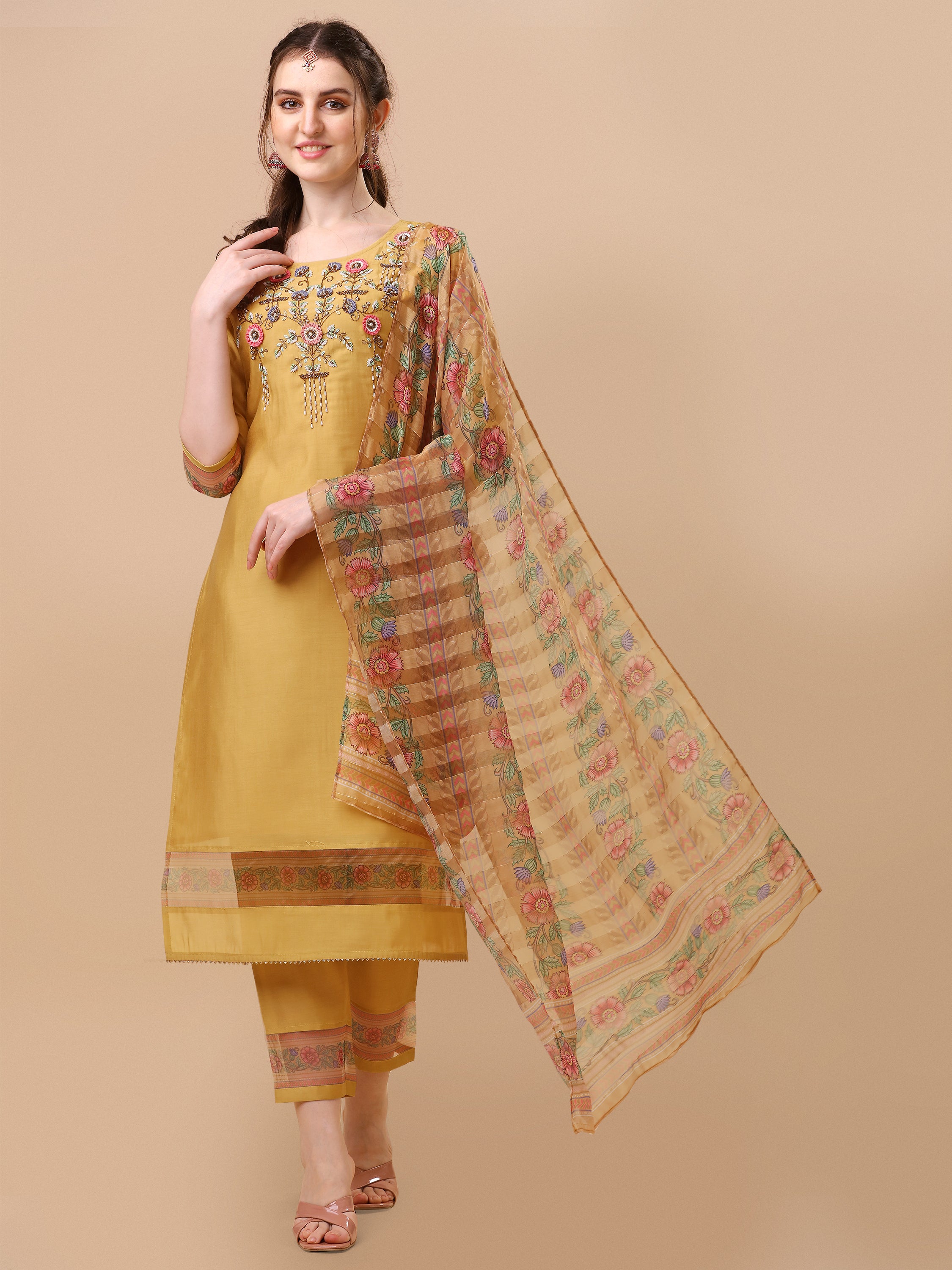 Hand Embroidered Kurta with Pant and Organza Printed Dupatta set