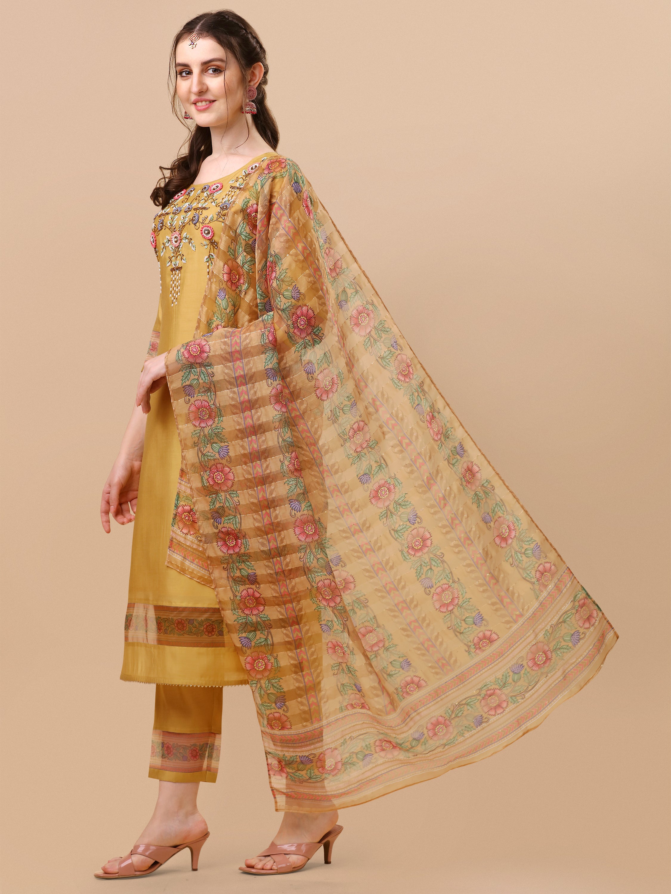 Hand Embroidered Kurta with Pant and Organza Printed Dupatta set