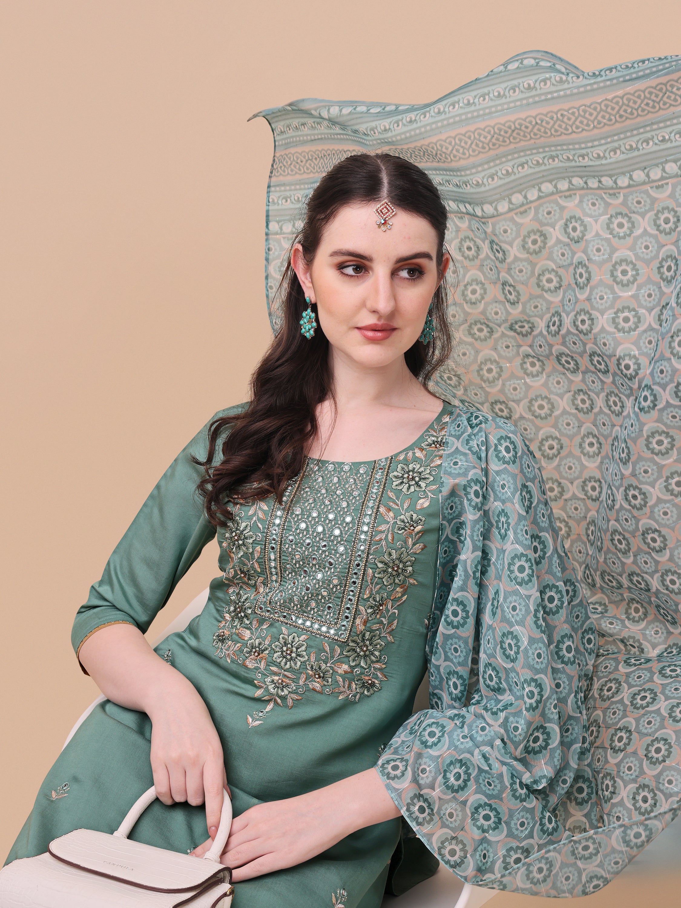 Embroidered kurta with pant and printed dupatta Set