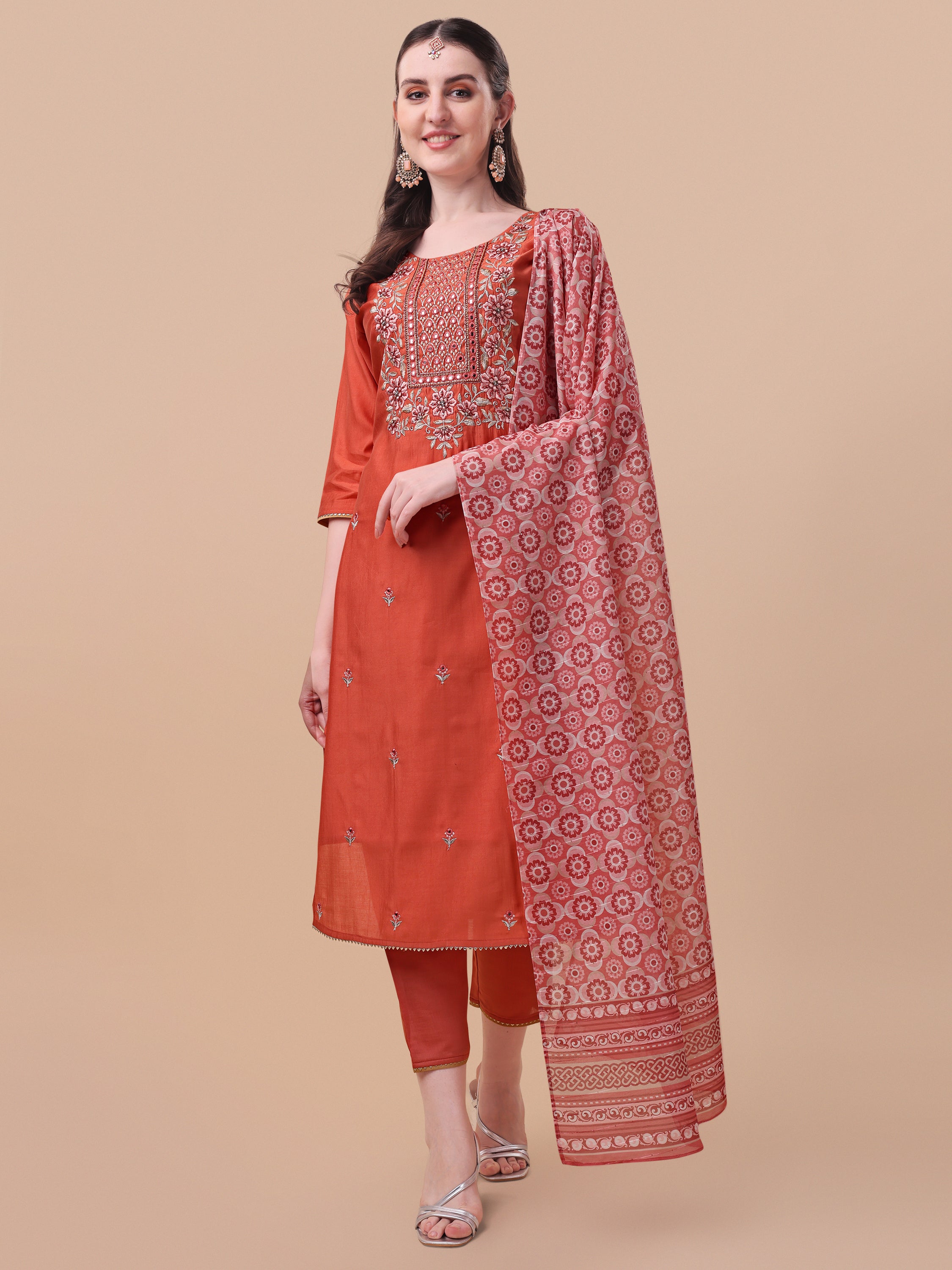 Embroidered kurta with pant and printed dupatta set