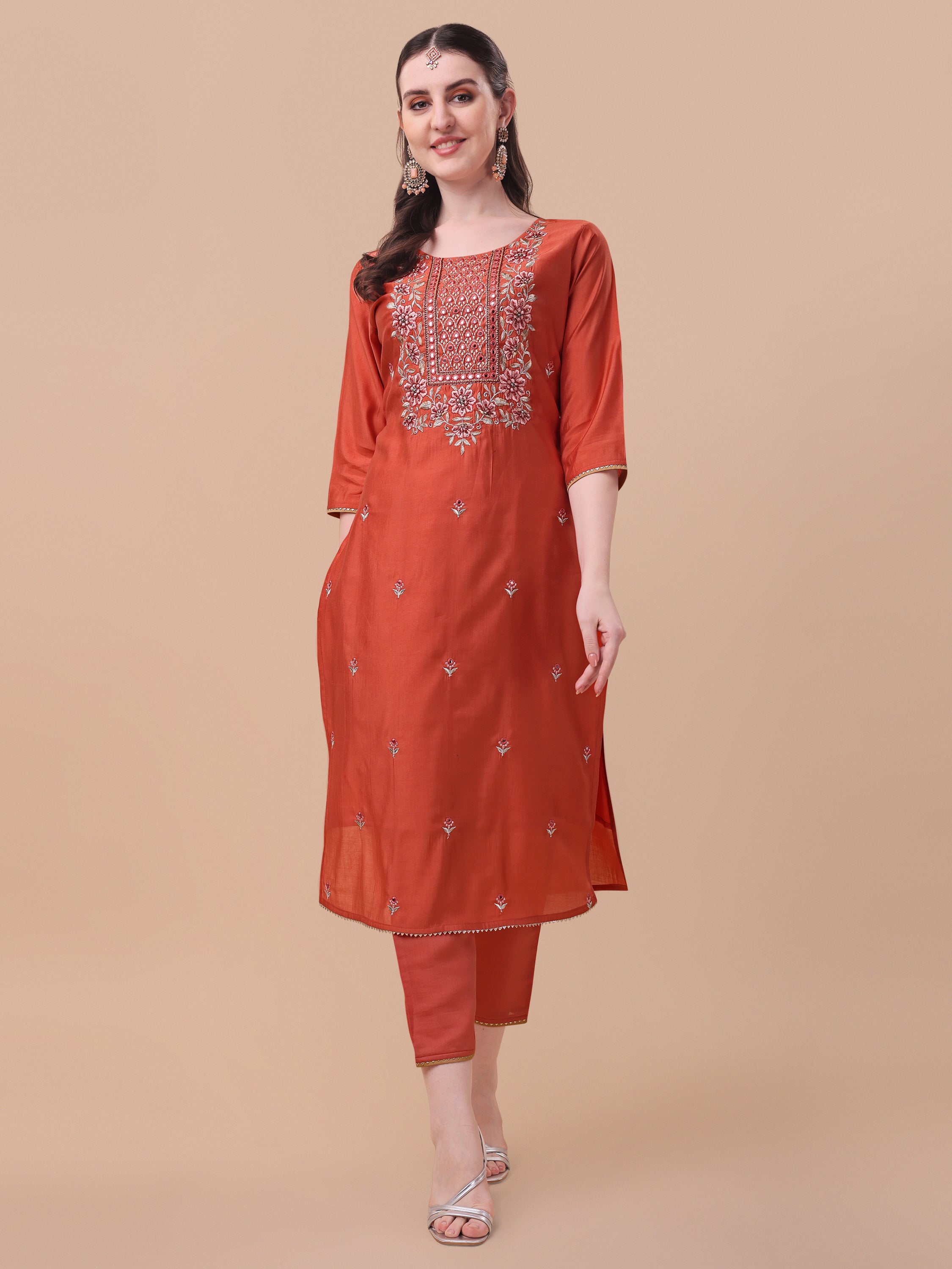 Embroidered kurta with pant and printed dupatta set