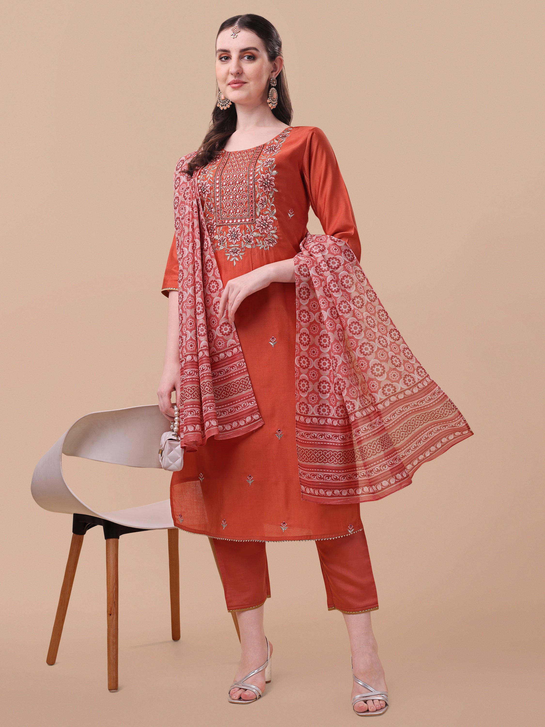 Embroidered kurta with pant and printed dupatta set