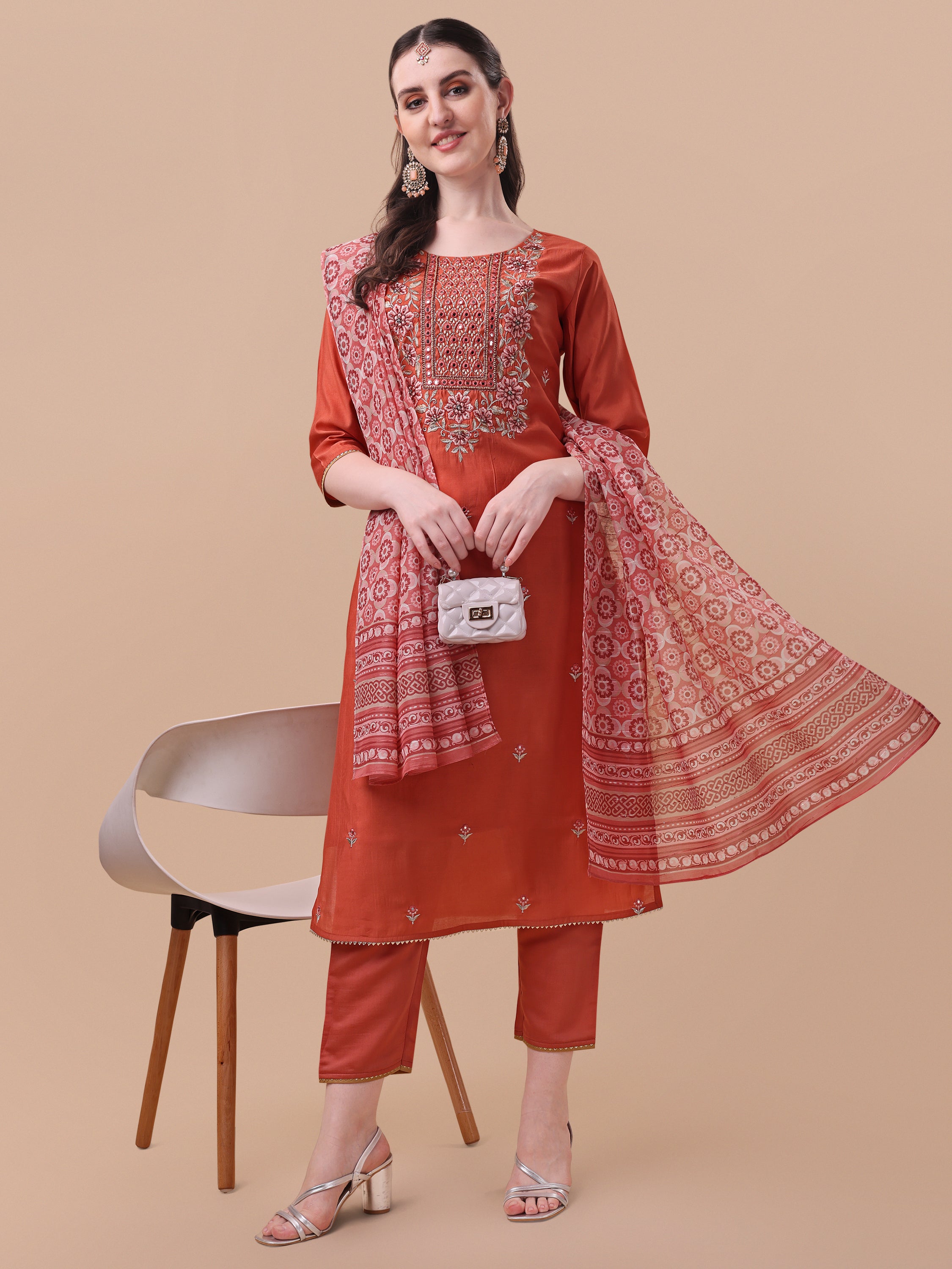 Embroidered kurta with pant and printed dupatta set