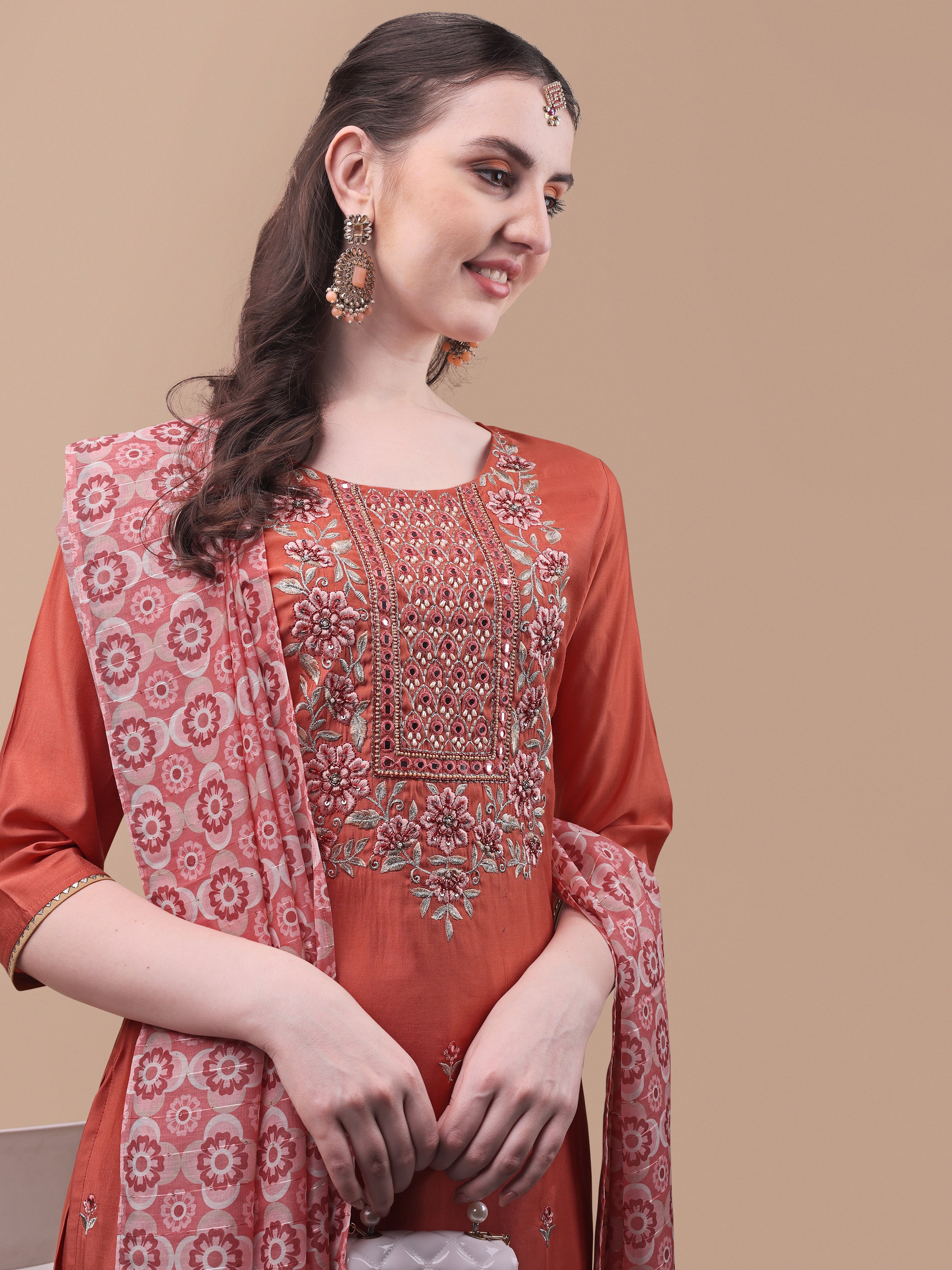 Embroidered kurta with pant and printed dupatta set