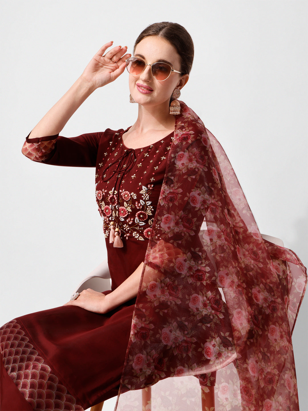 Hand Embroidered Kurta with Pant and Dupatta Set Premium