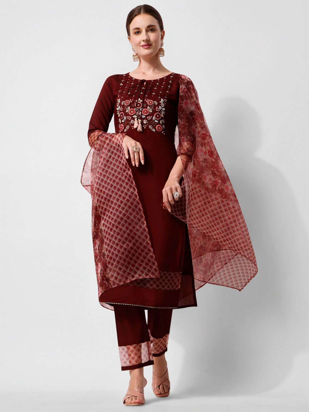 Hand Embroidered Kurta with Pant and Dupatta Set Premium