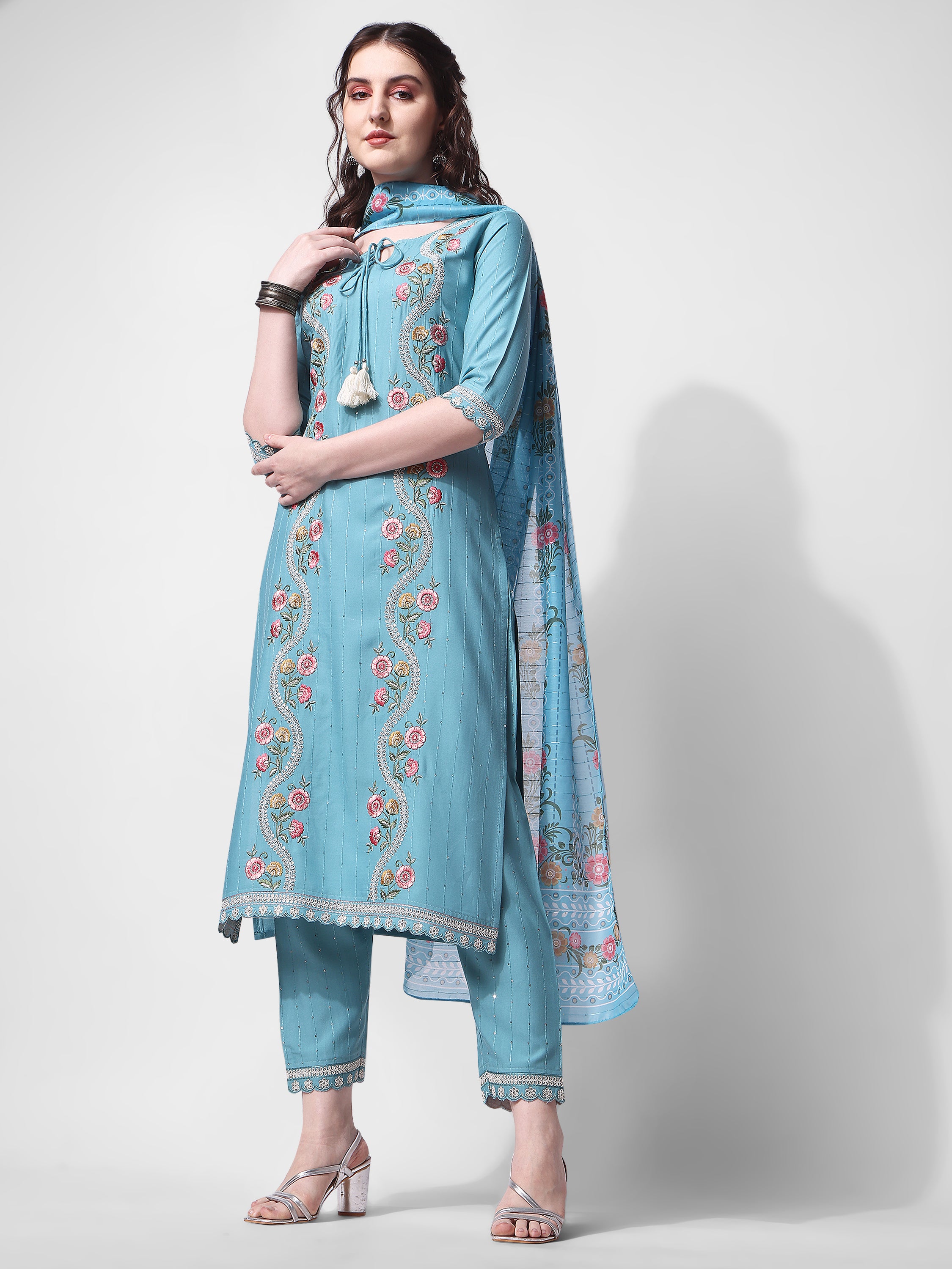 Embroidered Rayon Sequined kurta with pant & dupatta Set Premium