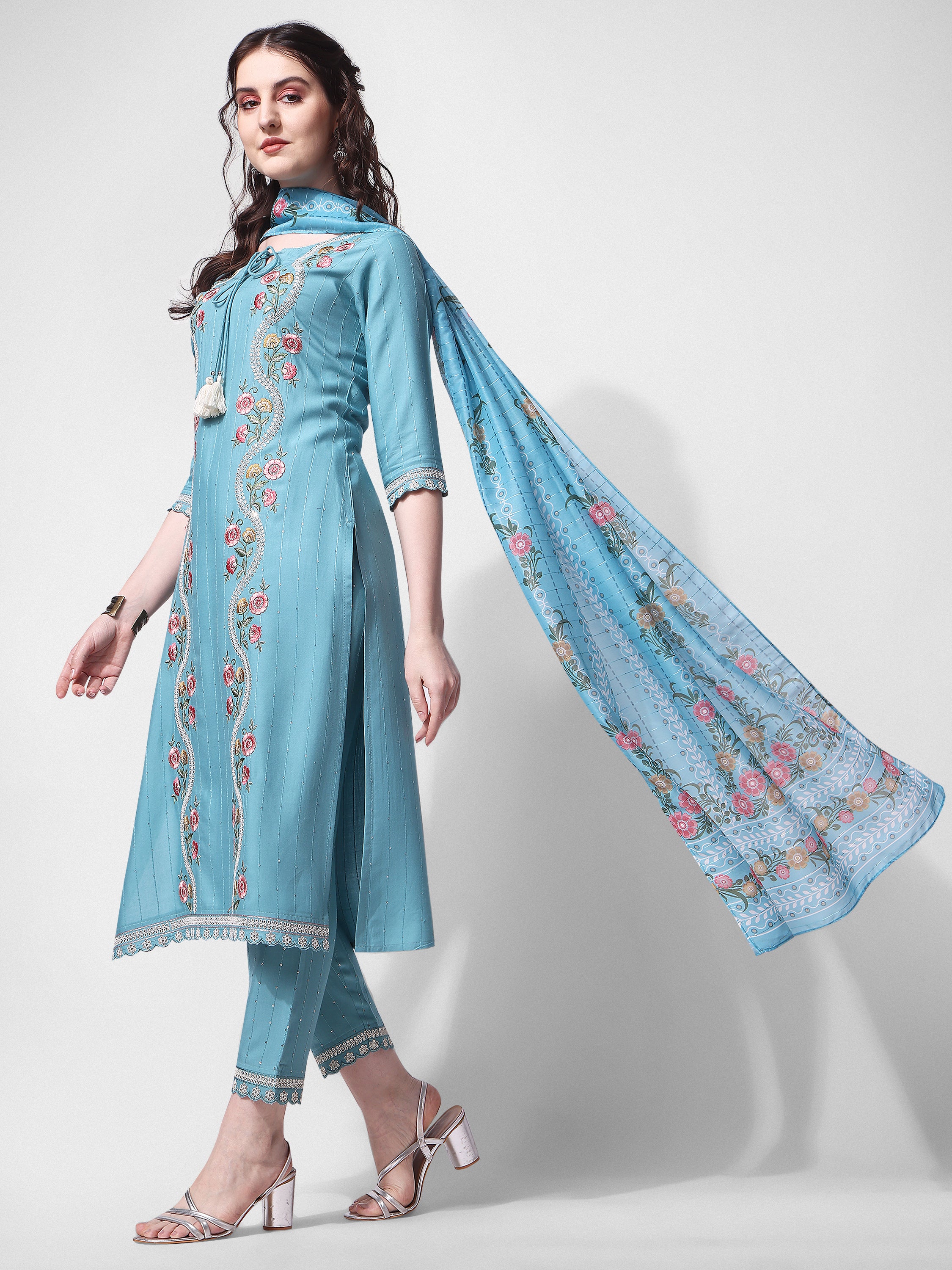 Embroidered Rayon Sequined kurta with pant & dupatta Set Premium