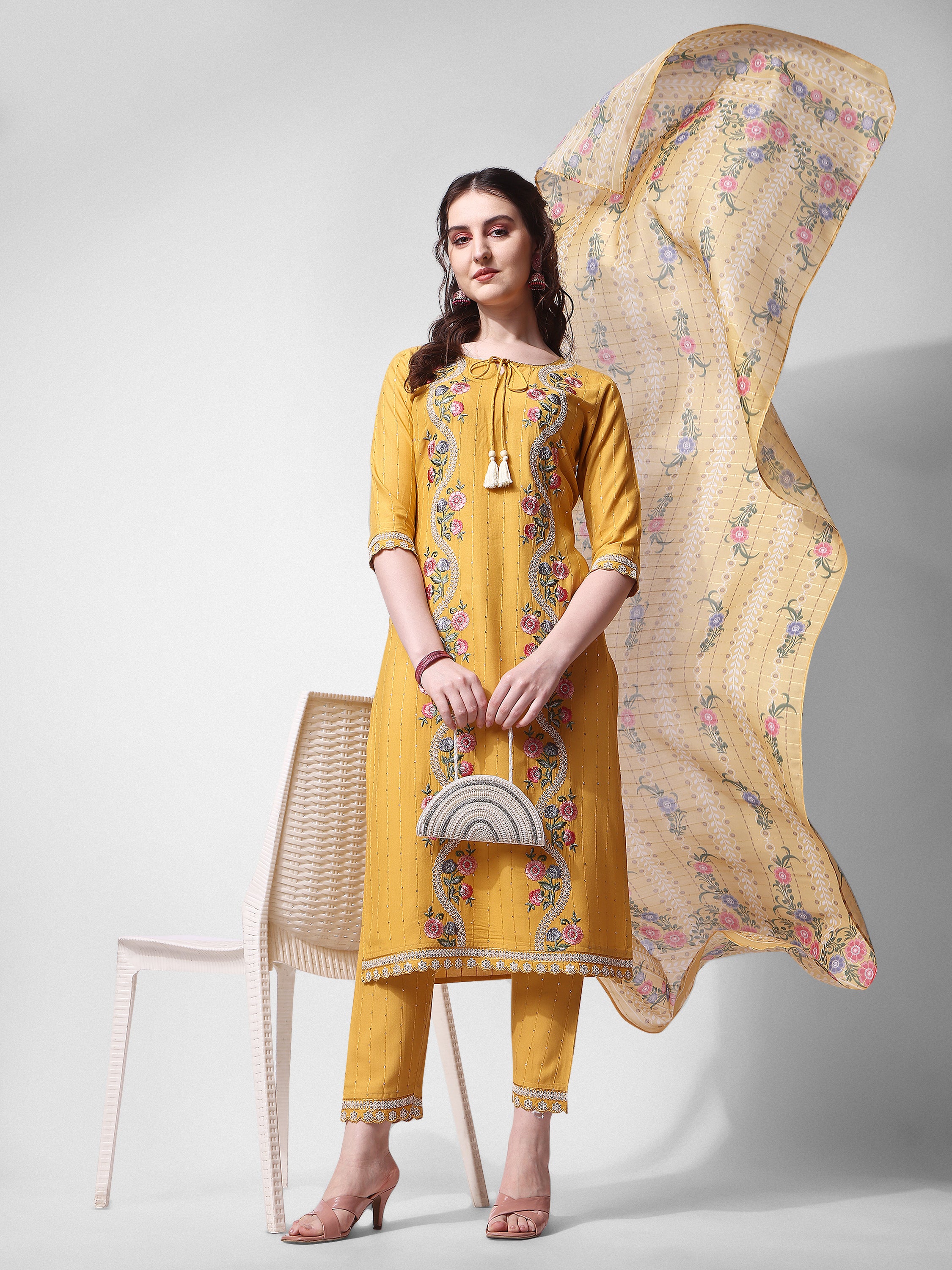 Embroidered Rayon Sequined kurta with pant & dupatta Set Premium