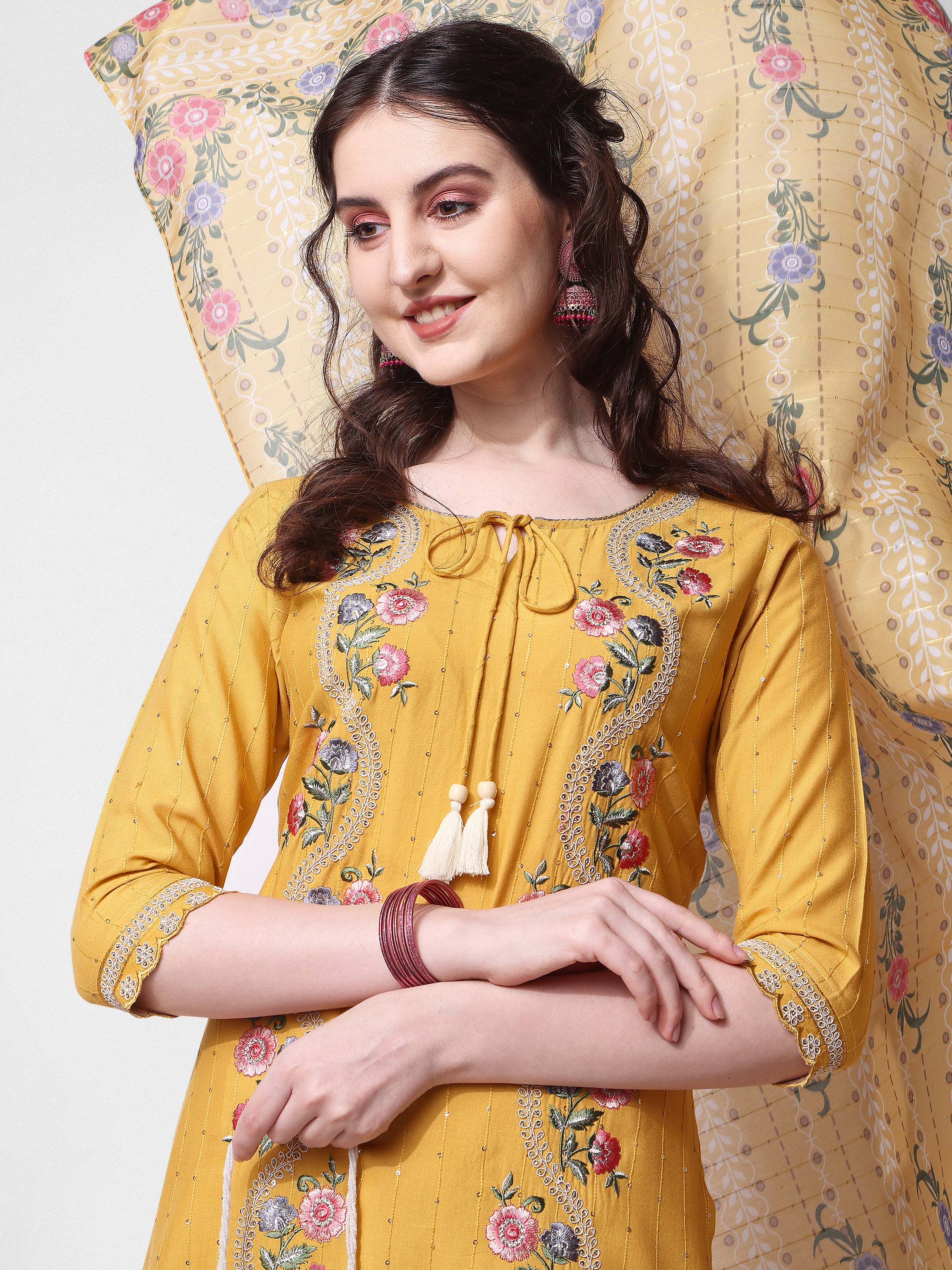 Embroidered Rayon Sequined kurta with pant & dupatta Set Premium