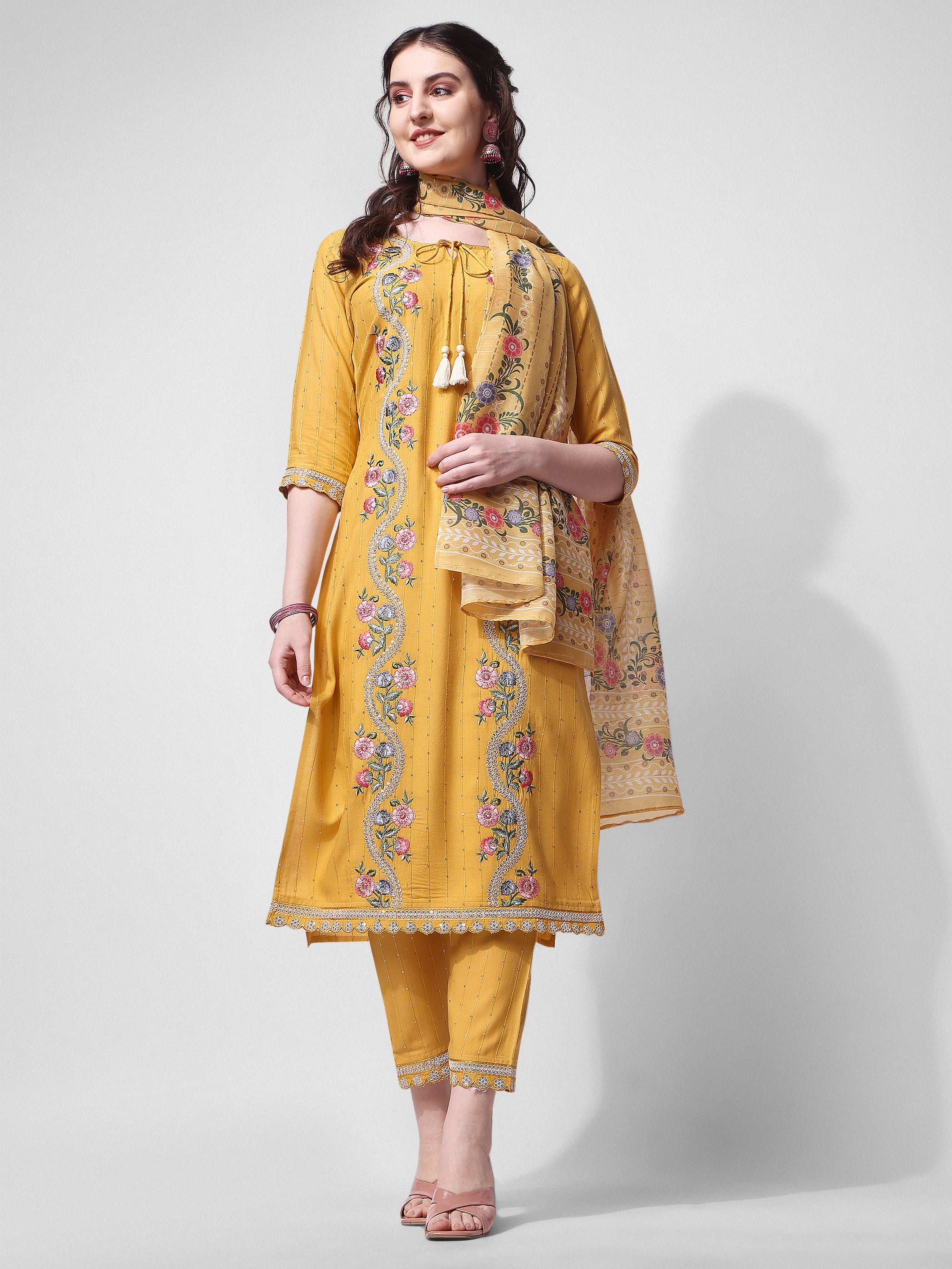 Embroidered Rayon Sequined kurta with pant & dupatta Set Premium