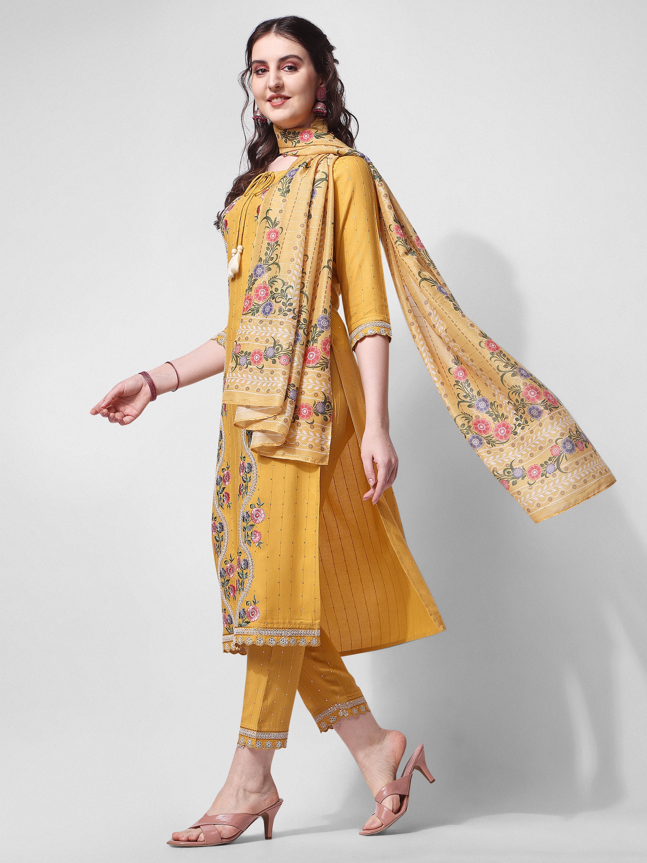 Embroidered Rayon Sequined kurta with pant & dupatta Set Premium