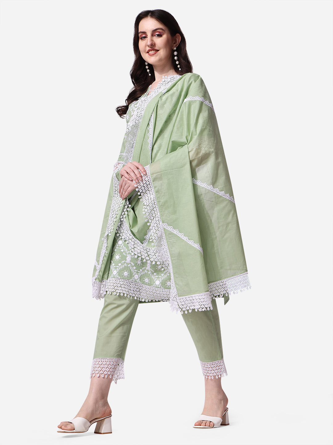 Lucknawi Embroidered Kurta with Pant & Dupatta Set