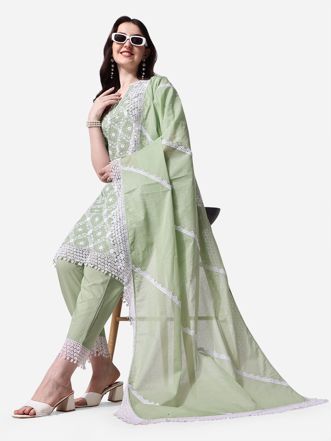 Lucknawi Embroidered Kurta with Pant & Dupatta Set