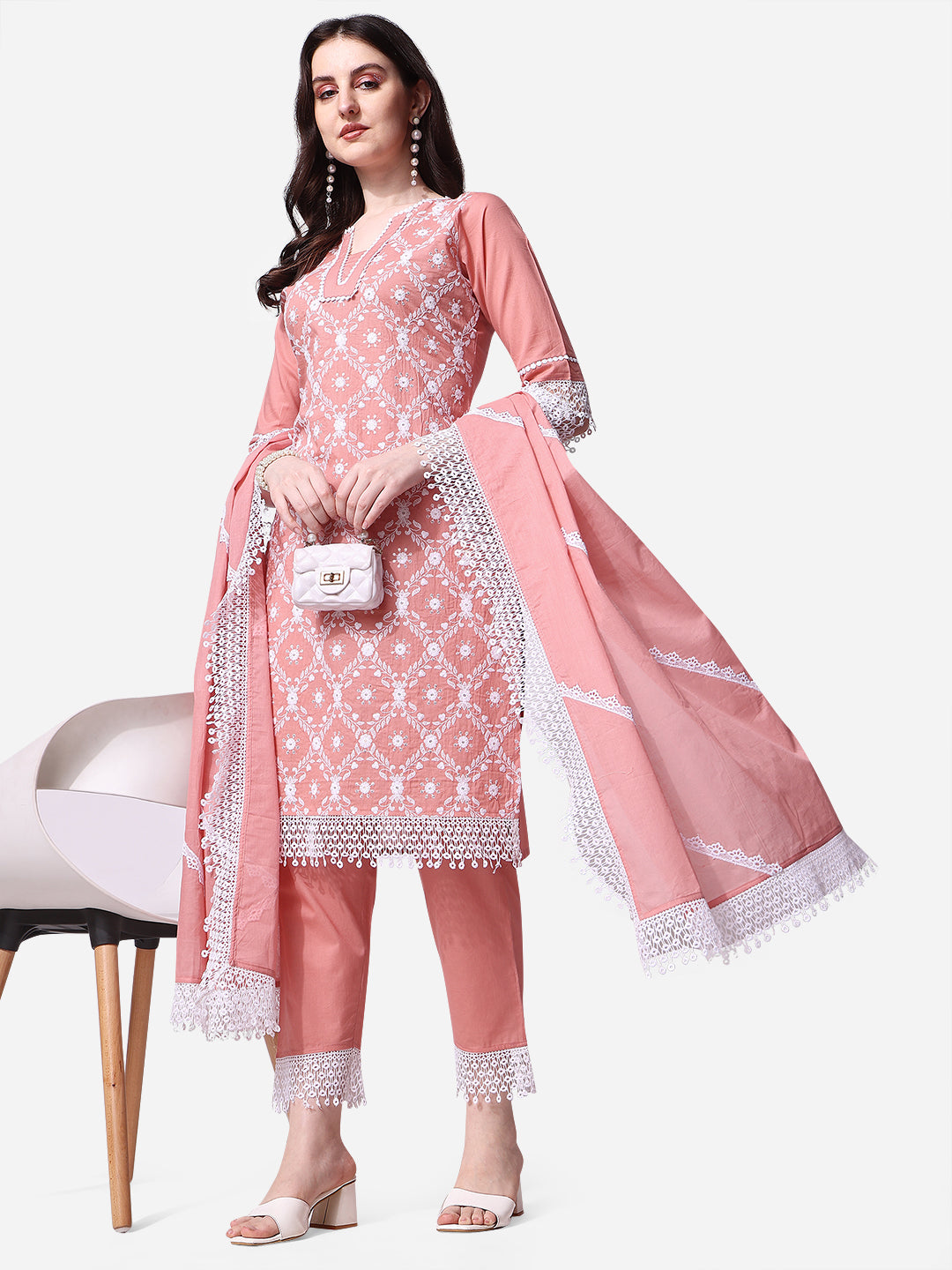 Lucknawi Embroidered Kurta with Pant & Dupatta Set