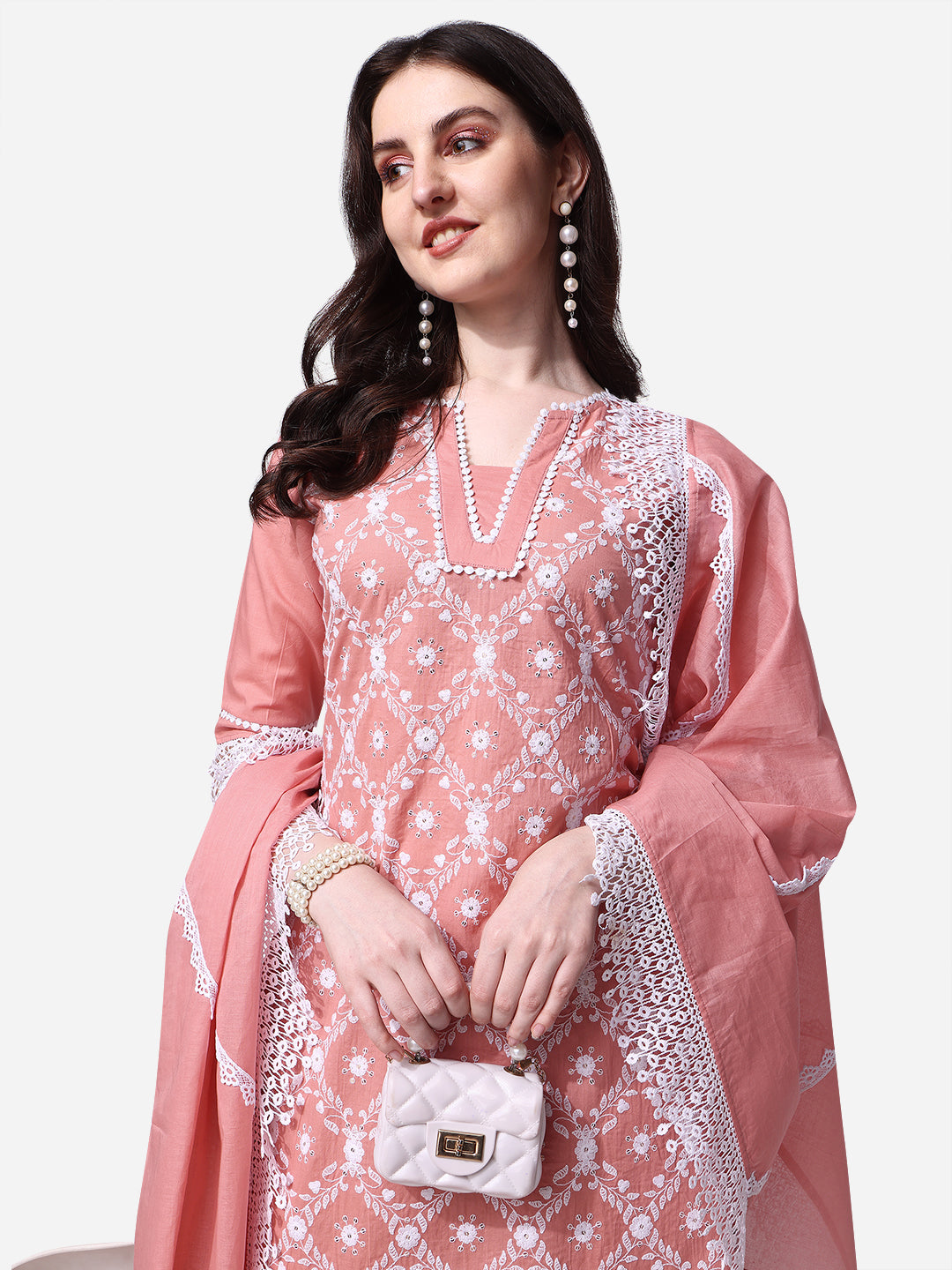 Lucknawi Embroidered Kurta with Pant & Dupatta Set