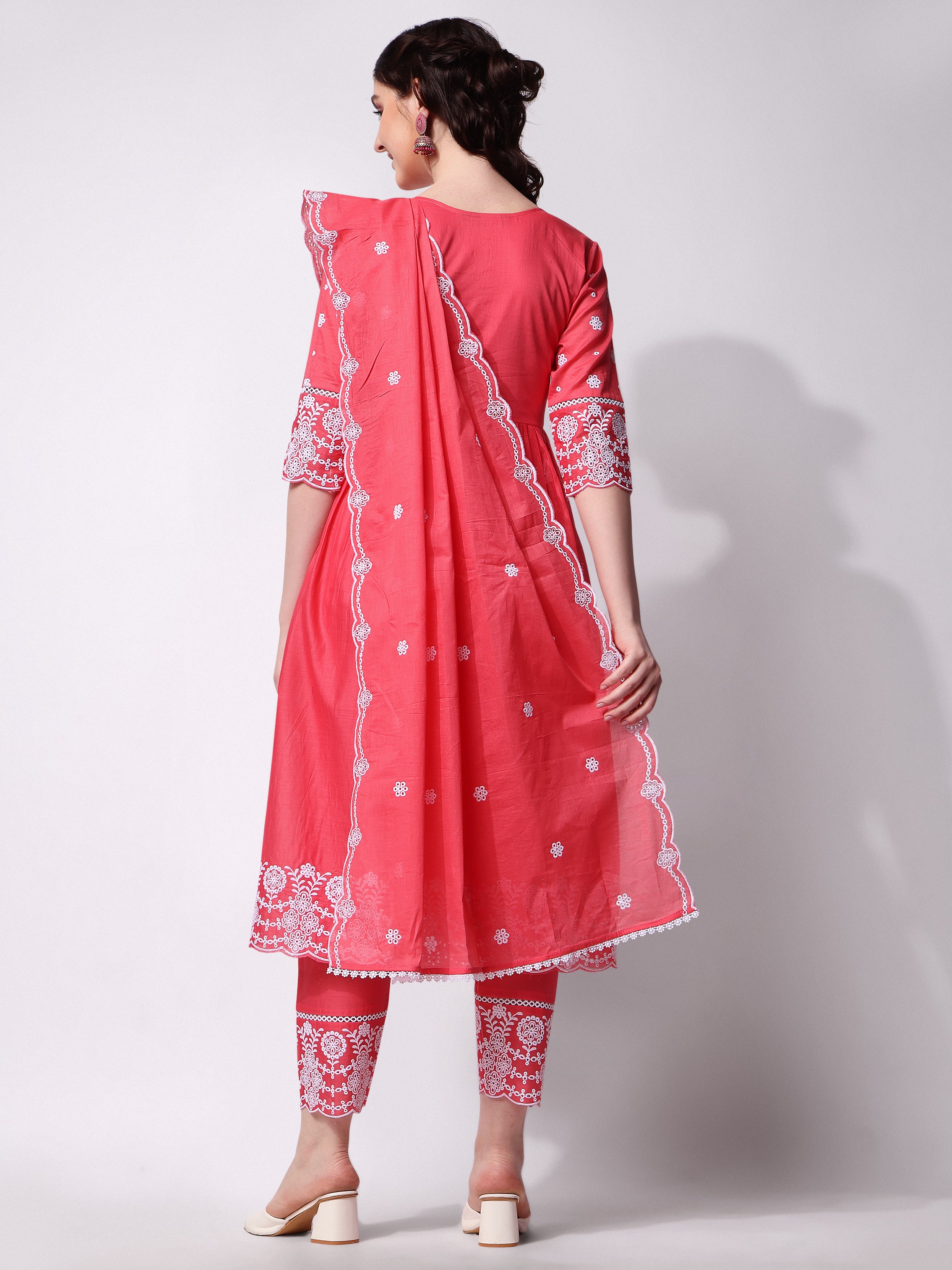 Nayra Cut Chikankari Embroidered  Kurta with Pant and Dupatta Set